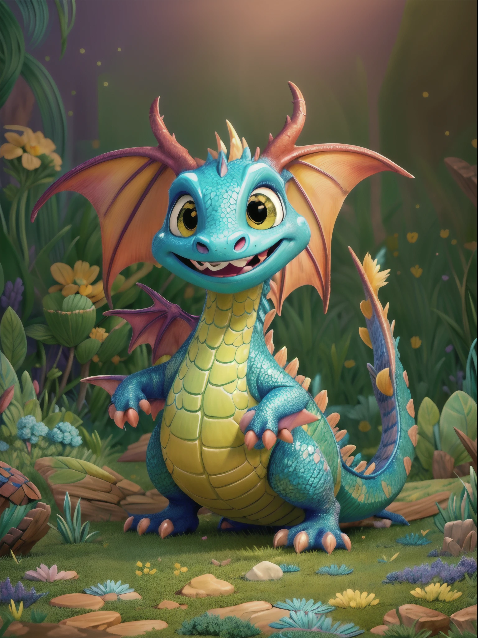 (best quality, highres, masterpiece:1.2), ultra-detailed, realistic, cute dragon in Pixar cartoon style, vibrant colors, dynamic lighting, magical atmosphere, detailed scales, expressive eyes, friendly smile, fluffy texture, adorable pose, whimsical background, playful interaction with other creatures, captivating composition, lively movement, enchanting storytelling, lively animation, joyful expression, captivating charm, imaginative scenery