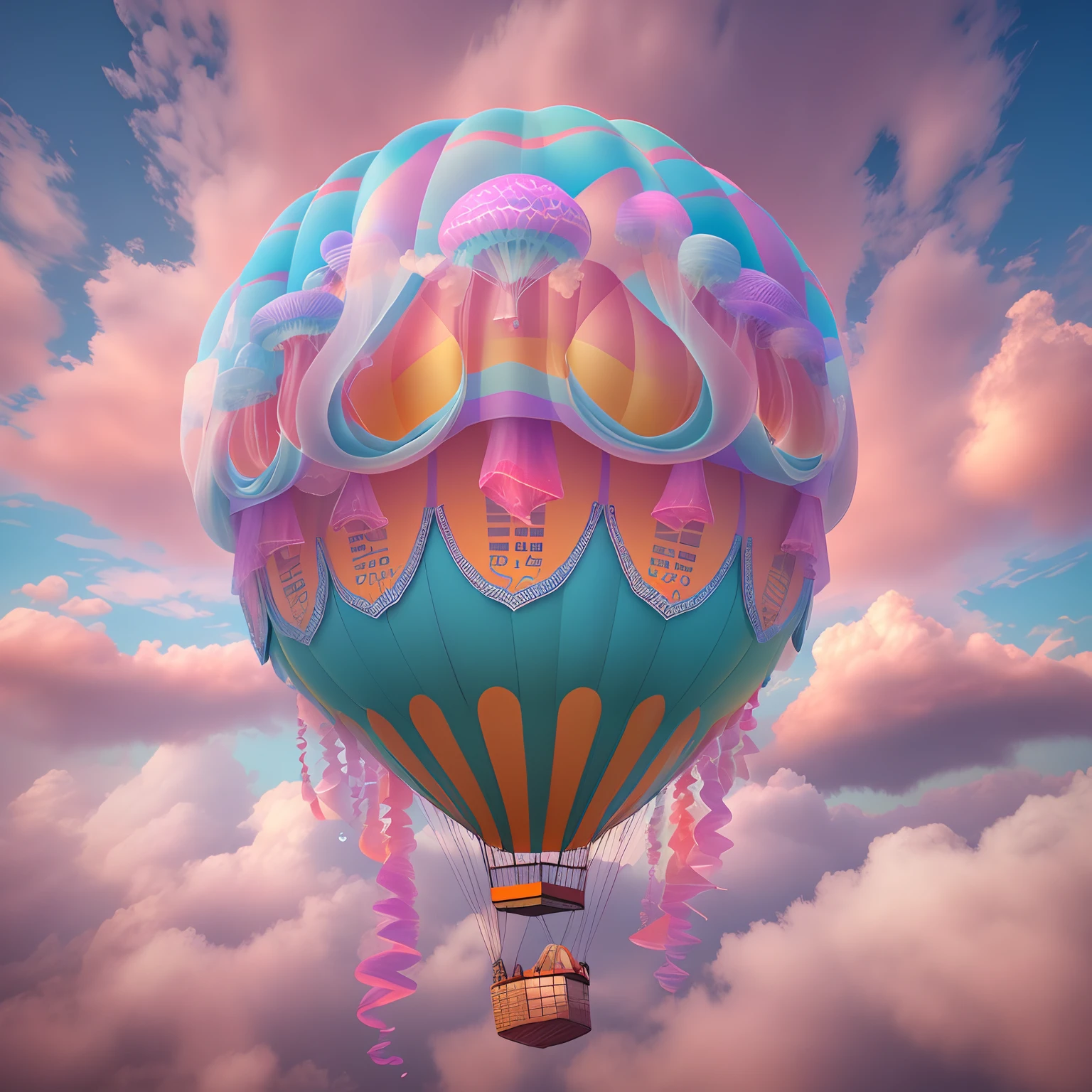 A strange hot air balloon,Colorful,A hot air balloon in the shape of a cute jellyfish,In the clouds,beautiful sky,Surreal,Epic dreams,a fairy world,illustration,High quality,3D rendering of,Ultra-detailed,Photorealistic,Vibrant colors,Stunning lighting