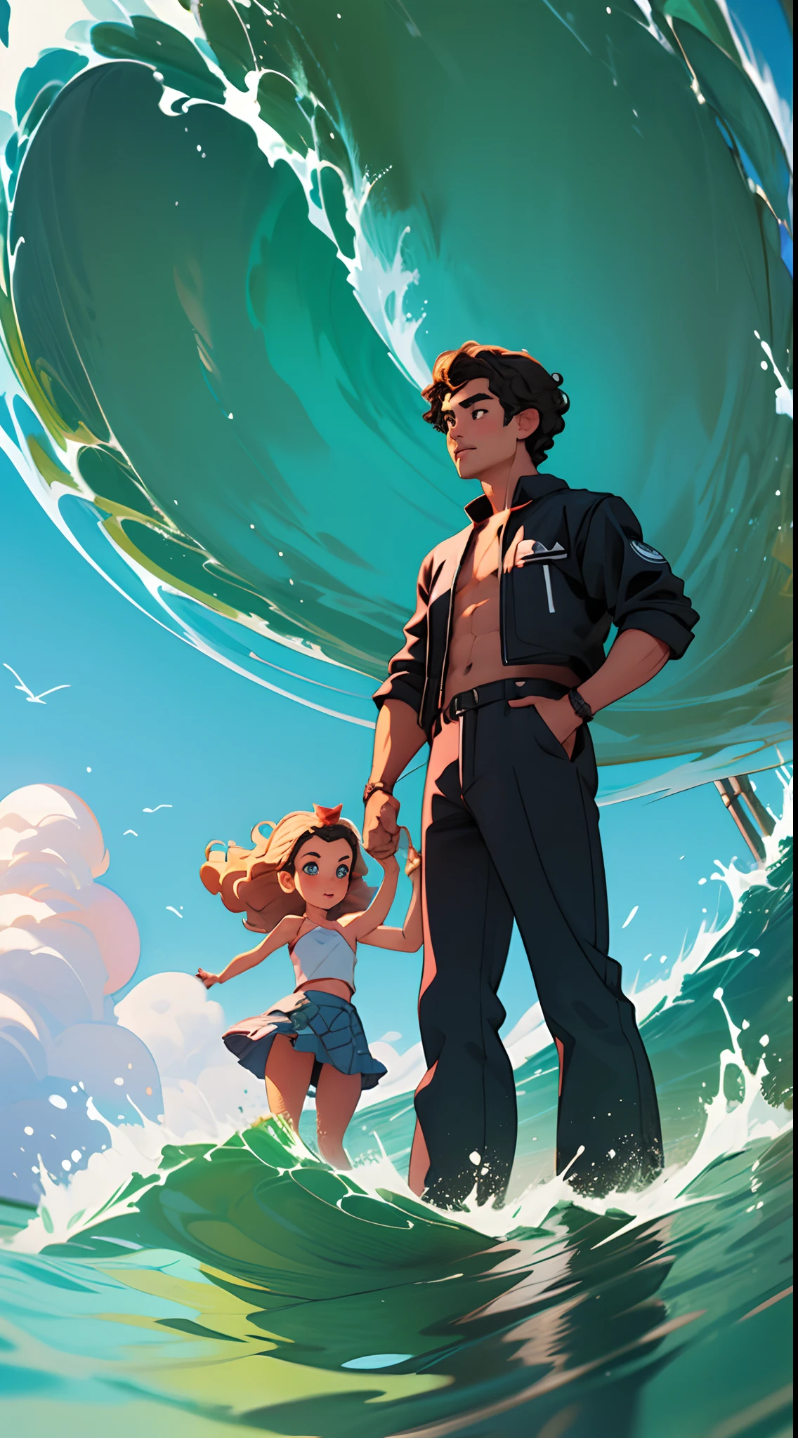 an image in the Disney Pixar style, a thin white girl with curly hair, five feet tall and her boyfriend, six feet tall, dark-skinned with waves in his hair