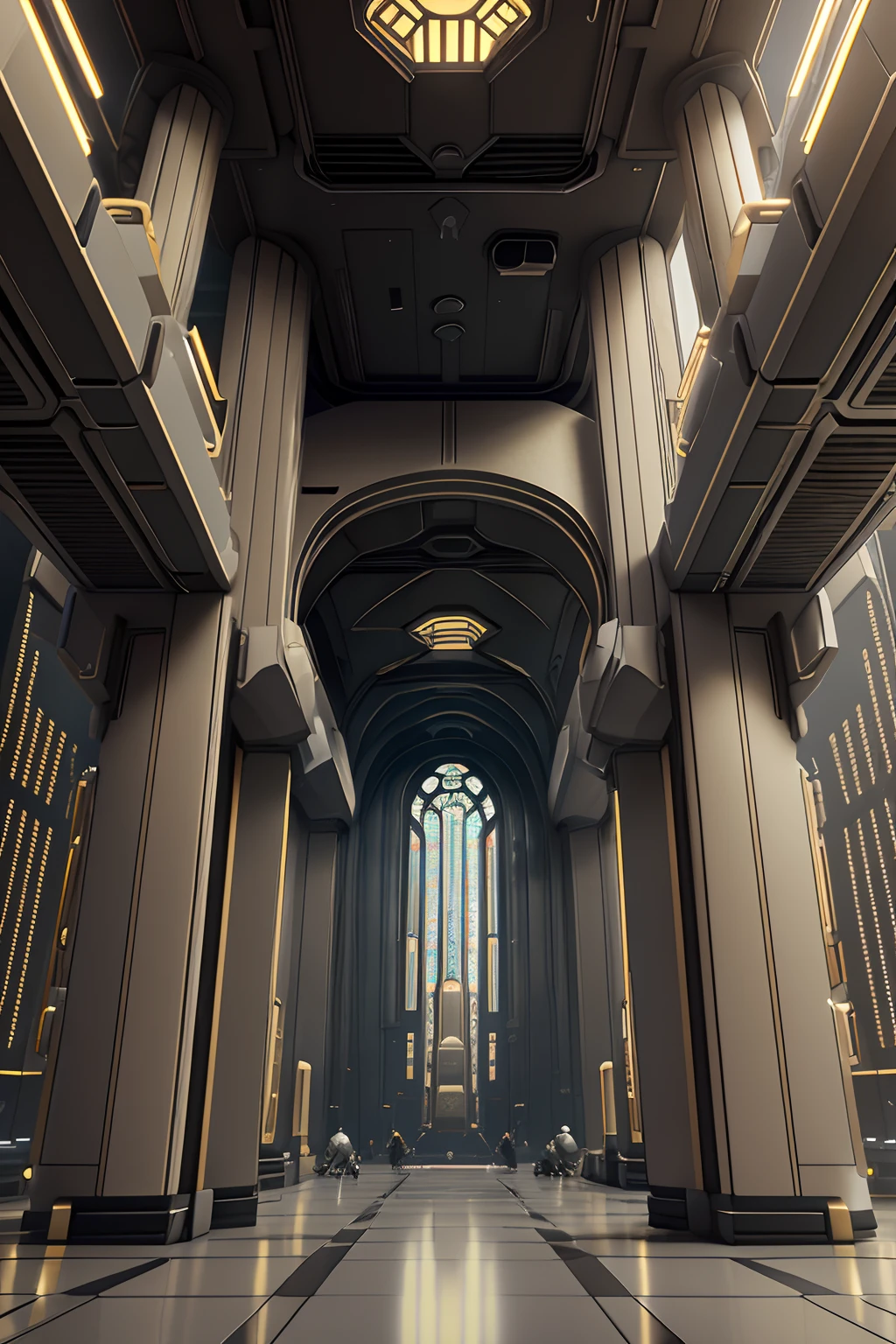 (Greenhouse),(Urbanized interior),(High, gigantic ceiling, high greenhouse),(Cybernetic data center),(Data control center, long corridor, polished stone floor, very high glass ceiling, lets in daylight), (Along arched walls - semicircular niches, cybernetic gothic), (server equipment in the side niches, cabinets with electronics, wires curling to the floor), (along the corridor there is exotic - alien vegetation (fern type - tropical species), vegetation is located along the walls, in massive cubic pots, Art Nouveau style). High under the ceiling are computer spheres, an artificial organism connected by many wires to server cabinets in the walls. The building is filled with a large number of plants, the greenhouse-data center is in the style of cyberpunk, ancient Gothic, and looks very modern. White and black plastic, aluminum, polished artificial stone, 3D architectural printing. The walls are decorated with complex geometric patterns. White and black with gold predominate in the main color range. The general stage is in twilight. The central part of the corridor is well-lit from above by a greenhouse glass ceiling. The shiny surface of the floor reflects surrounding objects. Lots of light bulbs - electronics. (Cyberpunk, futurism), (Ghost in the Shell style, Japanese anime.
Interior lighting, neutral-white light - warm shadows, matrix geometry, and secret symbolism decorate the floor. The high Gothic forms of the walls - the atmosphere of the future, an alien highly developed civilization, in the side naves there are electronic holograms. Warm bright - contrasting light, light clear shadows, clear image of details, texture, decor (high image quality), (Clear high-quality render), (unreal engine), SD quality, 8K. Stylization Animation, RiotGames, Lucas Arts, Japanese cyberpunk anime, Blade Runner. Sh.R. Giger "Alien".