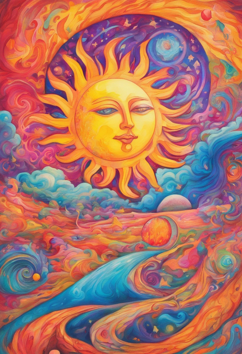 Vivid watercolor pencil drawing of a sun being hugged by a quarter-moon that is merging and meshing into It as it forms a spinning spher surrounded by earth,wind, water, beach, smolder, fire and outerspace.