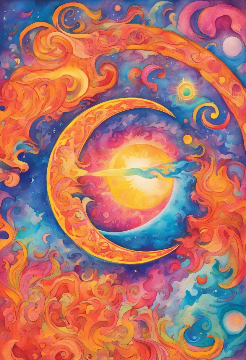 Vivid watercolor pencil drawing of a sun being hugged by a quarter-moon that is merging and meshing into It as it forms a spinning spher surrounded by earth,wind, water, beach, smolder, fire and outerspace.