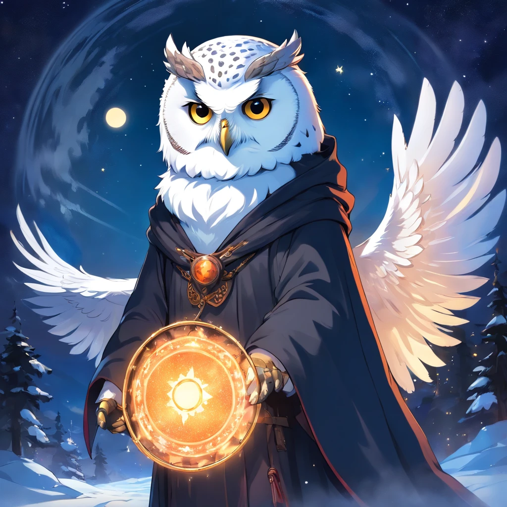 anthro (snowy owl) druid, casting fireball, holding a round glass shield, humanoid, wearing a black hooded cloak and tunic, starry night sky, Fantasy realm, Epic, magical,