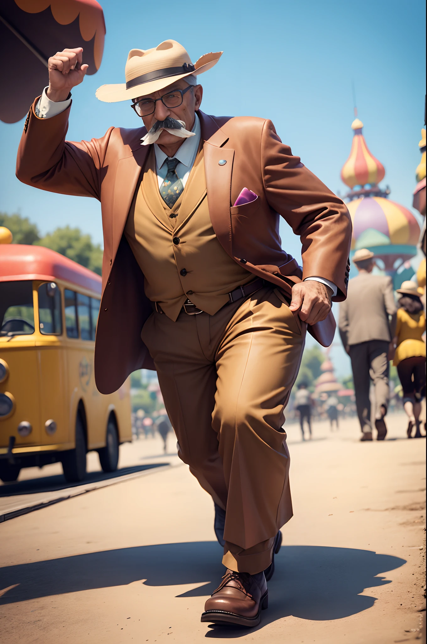 Portrait of an old man with hat, moustache and glasses, wearing brown suit, walking happily in a colourful amusement park, sunny day, highly detailed , 3d Pixar style.