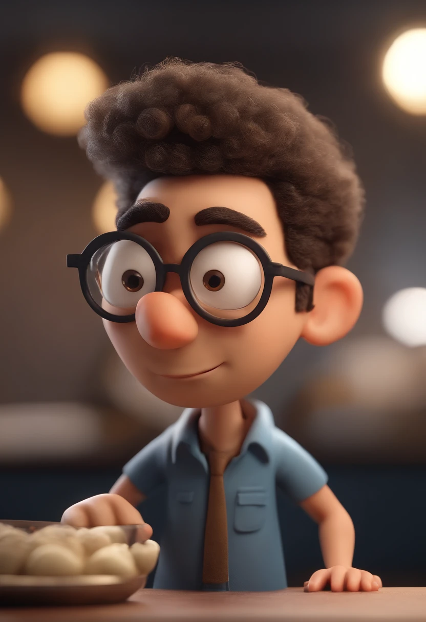 Cartoon character of a white man with a beard and curly gradient hair wearing black glasses and a blue shirt, um personagem animado, Caractere estilizado, animation style rendering, 3D estilizado, Arnold Maya render, 3 d render stylized, toon render keyshot, Personagem 3D, Personagem 3D, 3d rendering stylized, 3 d character render, personagem de desenho animado, Personagem de close up, Pose de personagem, (Estilo Pixar) (master part:1.2) (Bokeh) (best quality) (pele detalhada) (textura detalhada) (8k) (argila) (Cinematic lighting) (foco nítido，Senta e vaza a parte superior do corpo