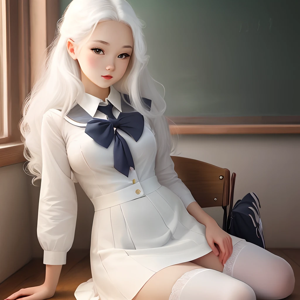 Real schoolgirl with long white hair,White dress with white stockings