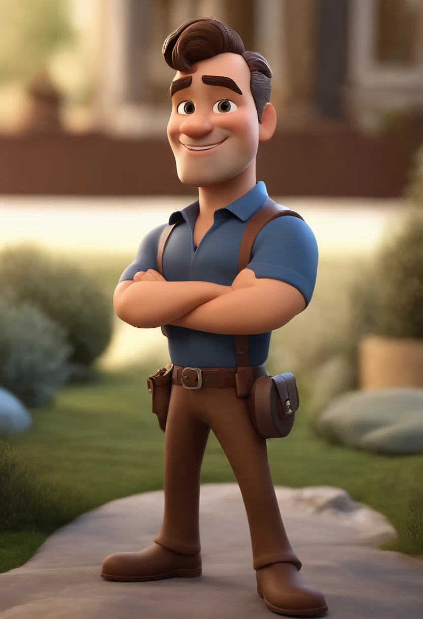 personagem de desenho animado de um homem com barba castanha e cabelo curto com topete, a black shirt wearing a badge written Kcomk productions animated character, Caractere estilizado, animation style rendering, 3D estilizado, Arnold Maya render, 3 d render stylized, toon render keyshot, Personagem 3D, Personagem 3D, 3d rendering stylized, 3 d character render, personagem de desenho animado, Personagem de close up, Pose de personagem, (Estilo Pixar) (master part:1.2) (Bokeh) (best quality) (pele detalhada) (textura detalhada) (8k) (argila) (Cinematic lighting) (foco nítido