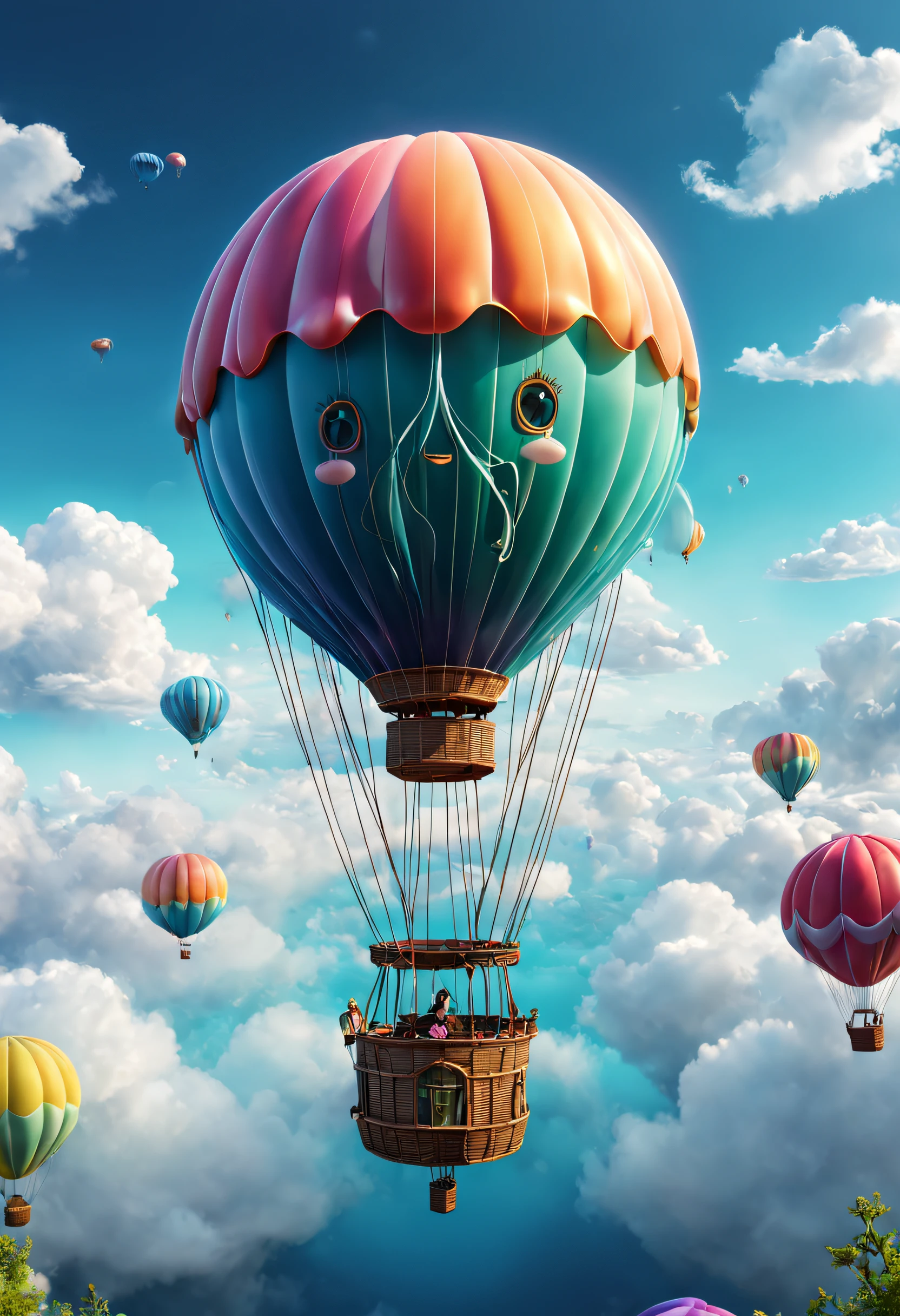 A strange hot air balloon,Colorful,A hot air balloon in the shape of a cute jellyfish，In the clouds,beautiful sky,Surreal,Epic dreams,a fairy world,illustration,High quality,3D rendering of,Ultra-detailed,Photorealistic,Vibrant colors,Stunning lighting