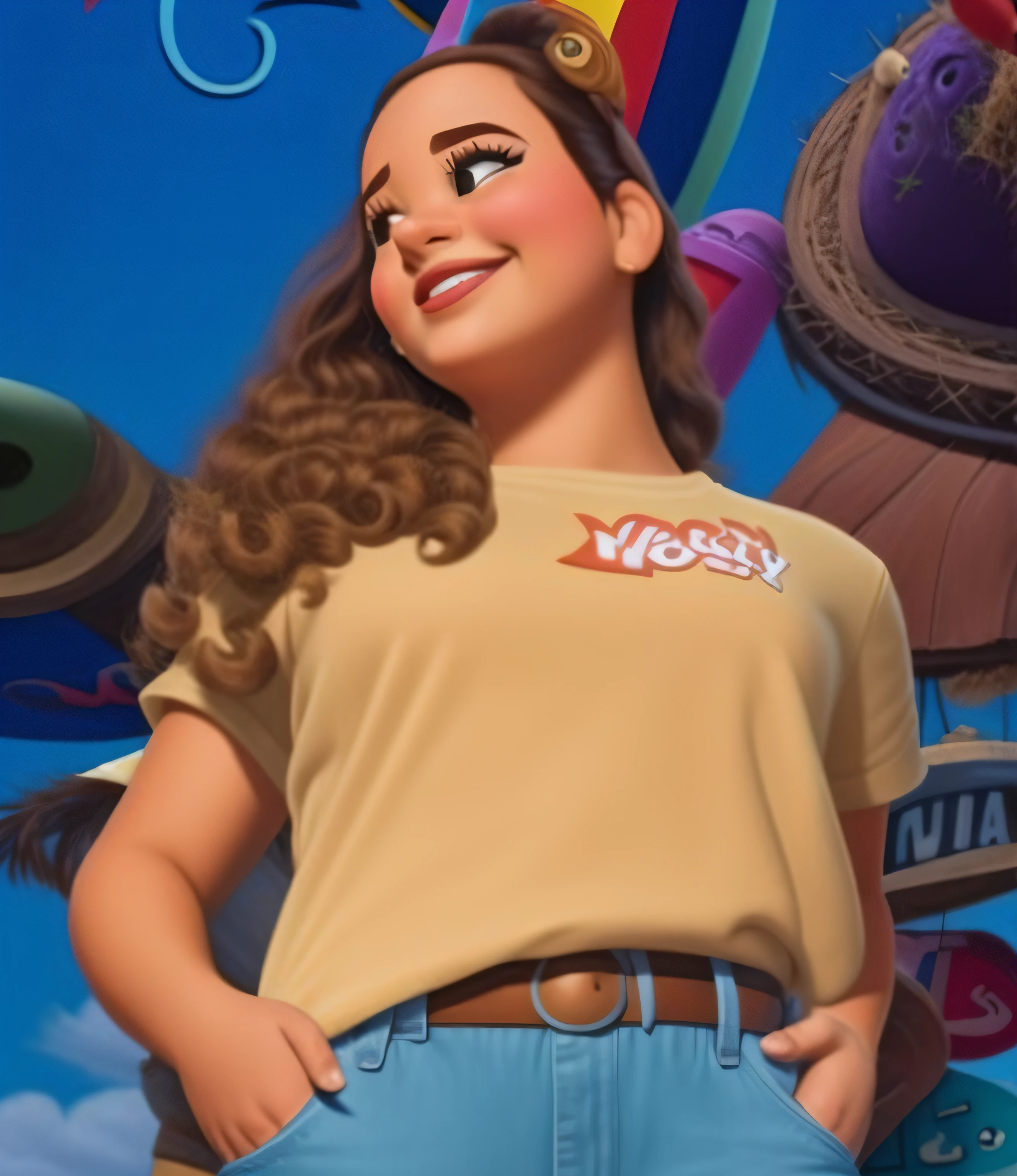 Poster no estilo Disney pixar, alta qualidade, melhor qualidade, mulher branca, cabelo cacheado castanho