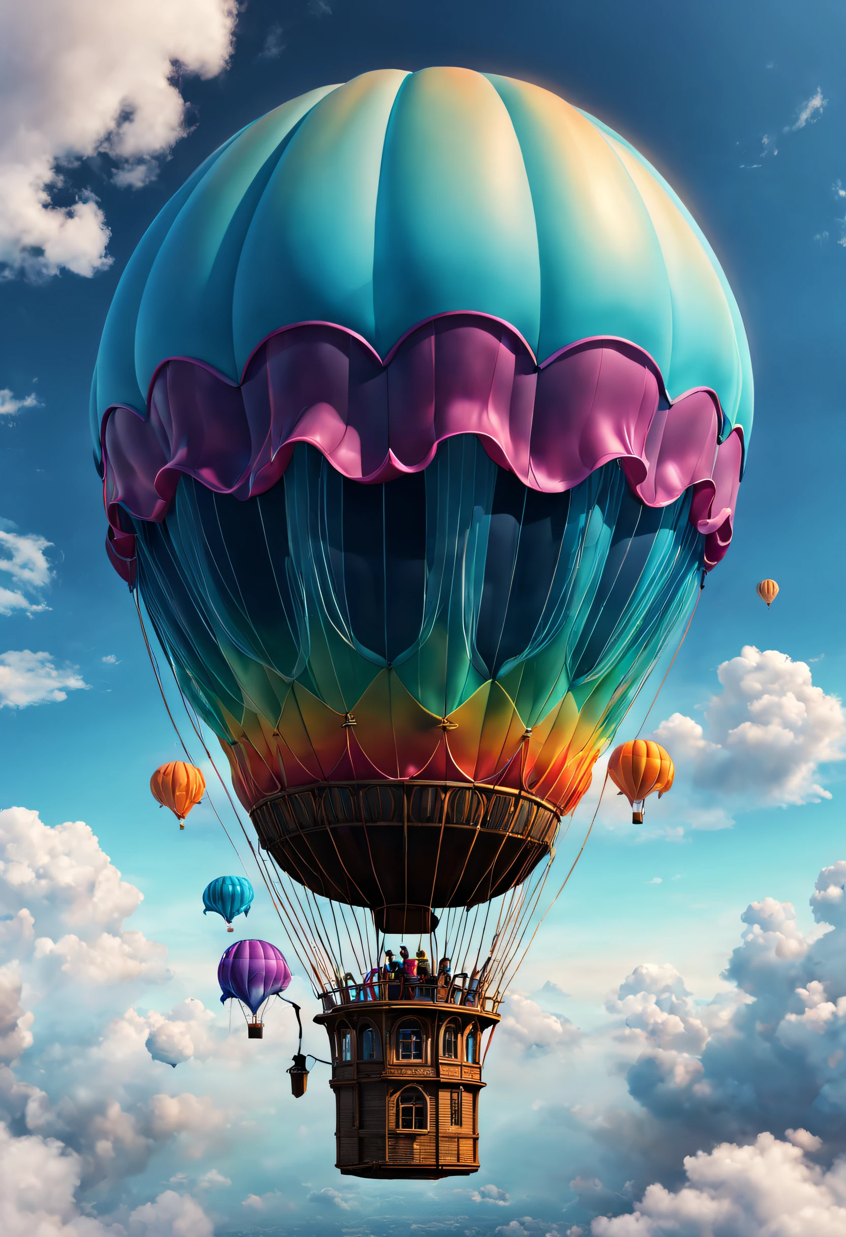 A strange hot air balloon,Colorful,A hot air balloon in the shape of a cute jellyfish,In the clouds,beautiful sky,Surreal,Epic dreams,a fairy world,illustration,High quality,3D rendering of,Ultra-detailed,Photorealistic,Vibrant colors,Stunning lighting
