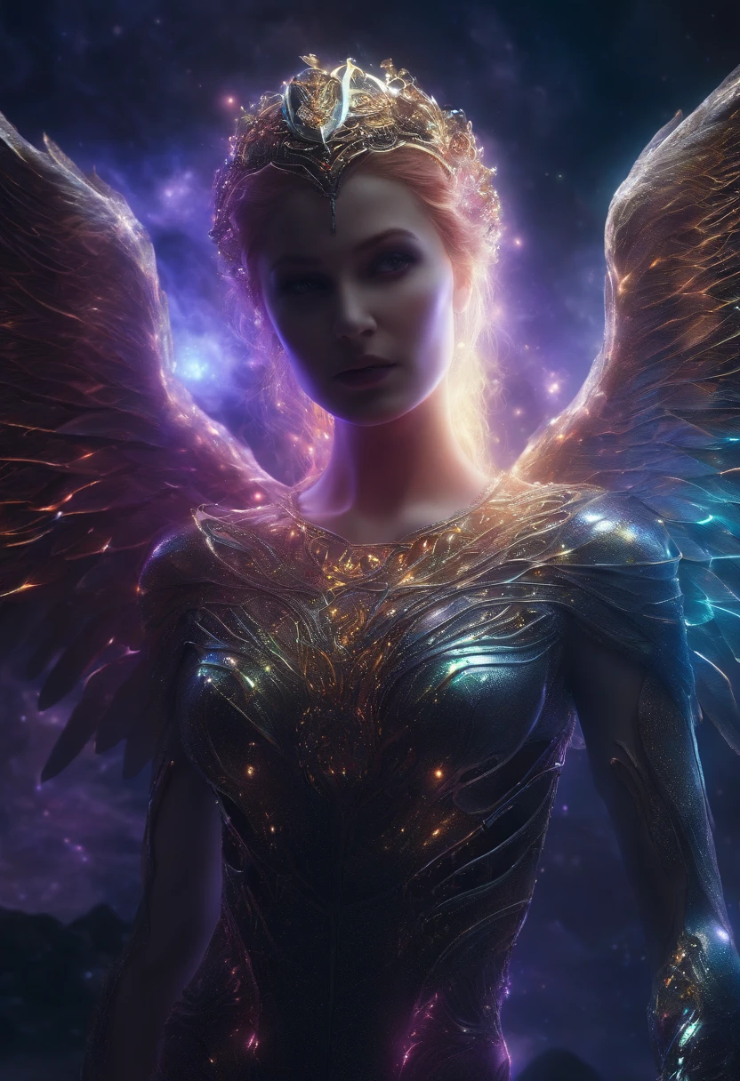 Cosmic Fallen Angel, glowing light eyes, Biomechanical, eerie, Creepy, nightmarish, Very bright colors, Light particles, with light glowing, Mshiff, wallpaper art, UHD wallpaper