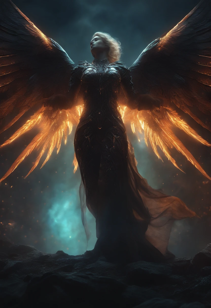 Cosmic Fallen Angel, glowing light eyes, Biomechanical, eerie, Creepy, nightmarish, Very bright colors, Light particles, with light glowing, Mshiff, wallpaper art, UHD wallpaper