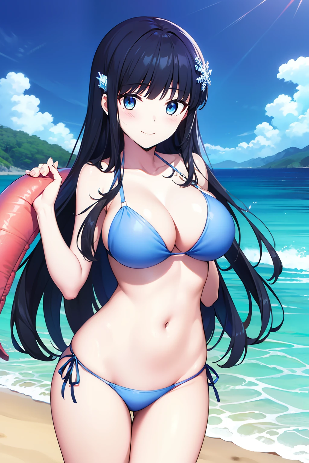 Miyuki, 1girl in, Solo, long_hair, Bangs, Blue_Eyes, Black_hair, hair_ornament detached, blunt_Bangs, Yuki, Snowflake_hair_ornament detached、Look at viewers、embarrassed, Blushing, A smile,(Light blue bikini:1.3),(the beach:1.3)、thighs thighs thighs thighs、cowboy shot、Bare neck、Bare arms、bare shoulders、bare elbows、Bare hands、Naughty big、large full breasts、