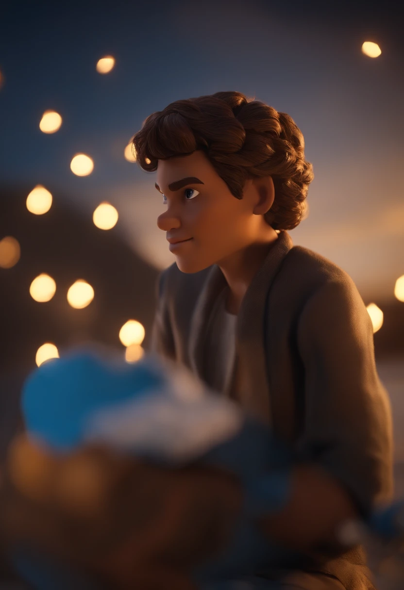 Garoto, estilo disney, tom de pele: claro:  Cabelo: marrom escuro, liso, curto, penteado para o lado direito. camisa: social, Cor azul. Fundo: Gray and white gradient,Comemorando, Hands raised, sorrindo, feliz, (estilo pixar) (obra-prima:1.2) (bokeh) (melhor qualidade) (pele detalhada) (textura detalhada) (8k) (claymation) (cinematic lighthing) (foco nítido