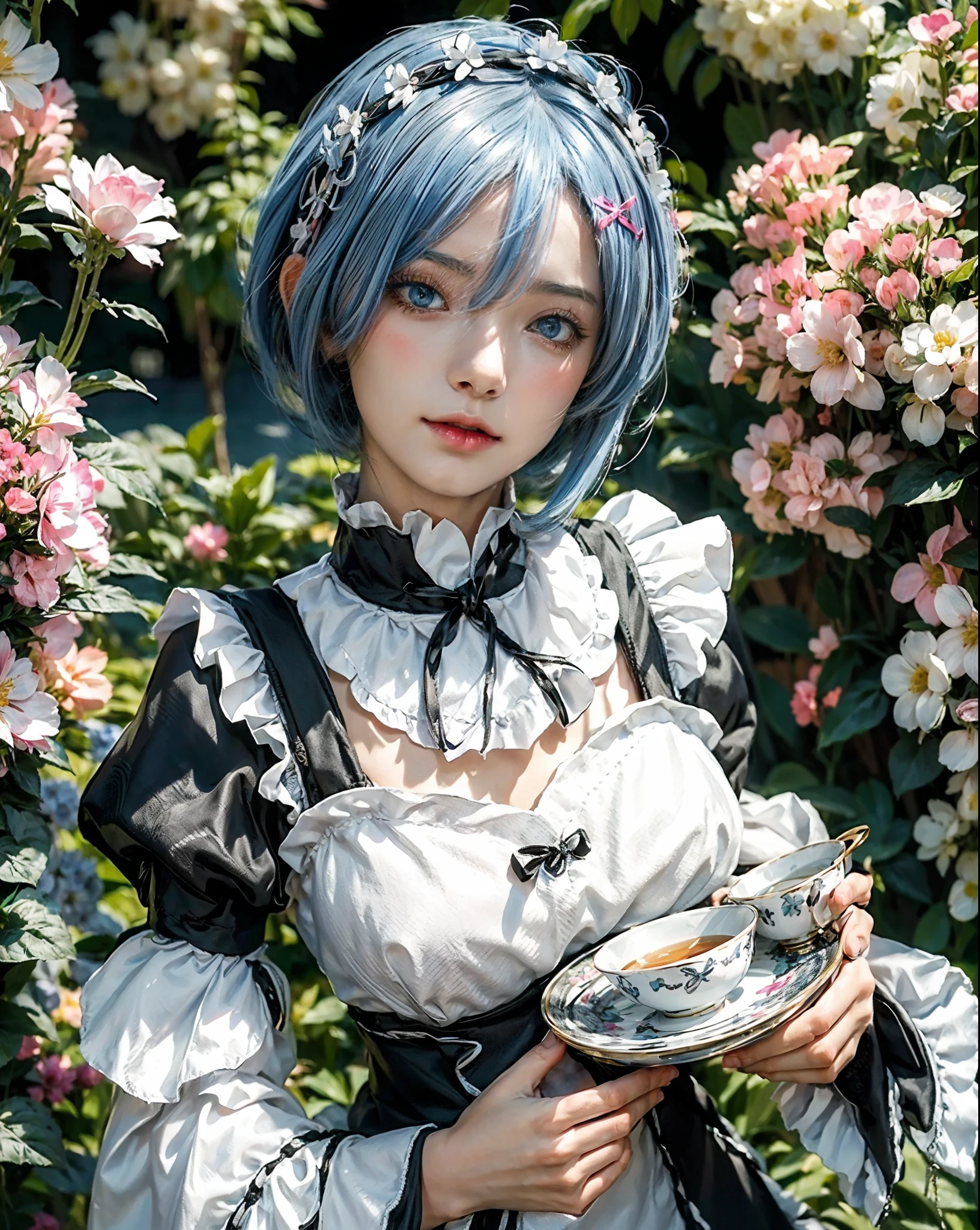 (best quality, highres, realistic:1.37), rem from Re:zero, blue short hair, black and white maid uniform, beautiful detailed eyes, beautiful detailed lips, long eyelashes, cute and innocent appearance, holding a tray with tea cups, surrounded by flowers in a garden, soft and warm lighting, vibrant colors, anime style