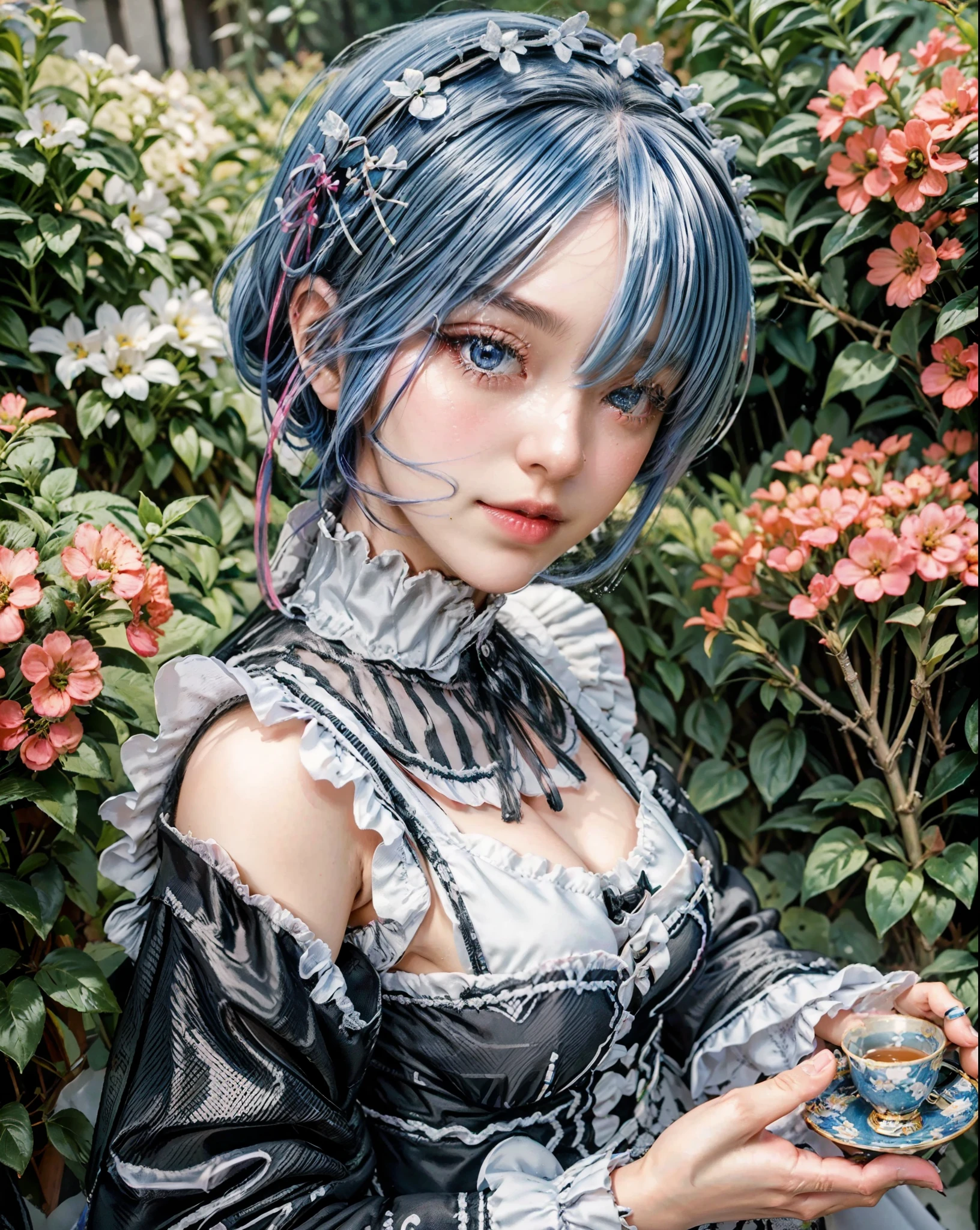 (best quality, highres, realistic:1.37), rem from Re:zero, blue short hair, black and white maid uniform, beautiful detailed eyes, beautiful detailed lips, long eyelashes, cute and innocent appearance, holding a tray with tea cups, surrounded by flowers in a garden, soft and warm lighting, vibrant colors, anime style