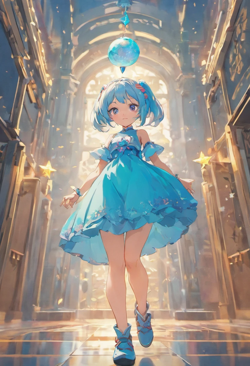enerate three views, firstly the front view, secondly the left view, thirdly the back view, full body, cute girl with blue and white gradient hairs, wearing a dress and boots, bored pose, standing, clean background, pop mart, pixar, IP, blind box, clay material, pastel color, Studio light, octane render, 3D, C4D, blender, hyper quality, Ultra HD, 8K