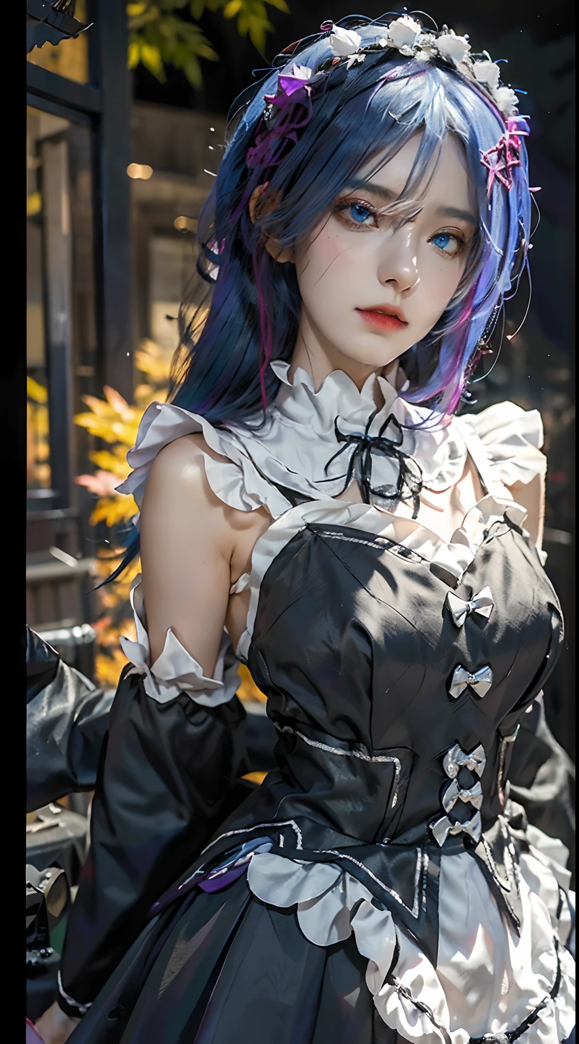 (a beautiful young female cosplayer,cosplaying Rem from the anime Re:Zero,realistic),(full body,close shot),black and white maid costume,blue hair,(best quality,photo-realistic:1.37),(highres,masterpiece:1.2),(ultra-detailed),(realistic,photorealistic:1.37),(HDR,UHD),(studio lighting),(vivid colors),(bokeh),(halloween background),(horror),(cosplay costume),(detailed facial expression),(flowing hair),(intense gaze),(mystical atmosphere),(spooky ambiance),(elegant pose),(dark lighting),(colorful shadows),(sinister mood),(moonlit night),(autumn colors),(creepy surroundings),(misty effect),(enchanted feel),(foggy environment),(ominous aura),(mysterious aura),(dramatic contrast),(cosplay makeup),(sharp focus),(detailed accessories)