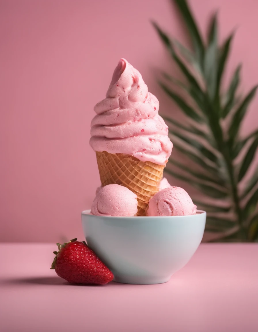 background 1 cup of ice cream in a pink room with light from the left, realistic image, 6d quality