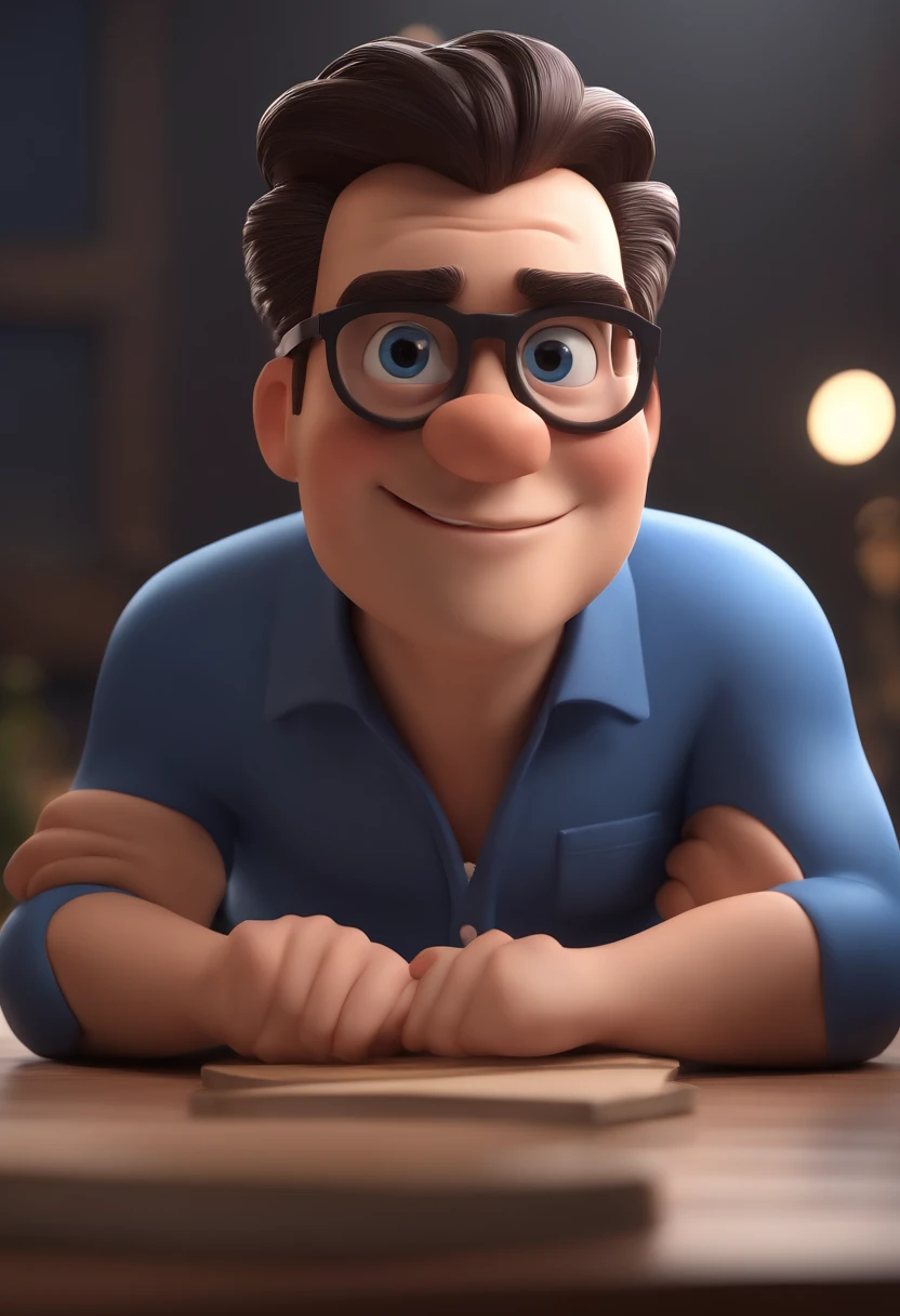 Cartoon character of a man with black glasses and a blue shirt, animation character, Caractere estilizado, animation style rendering, 3D estilizado, Arnold Maya render, 3 d render stylized, toon render keyshot, Personagem 3D, Personagem 3D, 3d rendering stylized, 3 d character render, personagem de desenho animado, Personagem de close up, Pose de personagem, (Estilo Pixar) (master part:1.2) (Bokeh) (best quality) (pele detalhada) (textura detalhada) (8k) (argila) (Cinematic lighting) (foco nítido