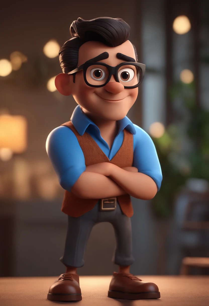 Cartoon character of a man with black glasses and a blue shirt, animation character, Caractere estilizado, animation style rendering, 3D estilizado, Arnold Maya render, 3 d render stylized, toon render keyshot, Personagem 3D, Personagem 3D, 3d rendering stylized, 3 d character render, personagem de desenho animado, Personagem de close up, Pose de personagem,  (Estilo Pixar) (master part:1.2) (Bokeh) (best quality) (pele detalhada) (textura detalhada) (8k) (argila) (Cinematic lighting) (foco nítido