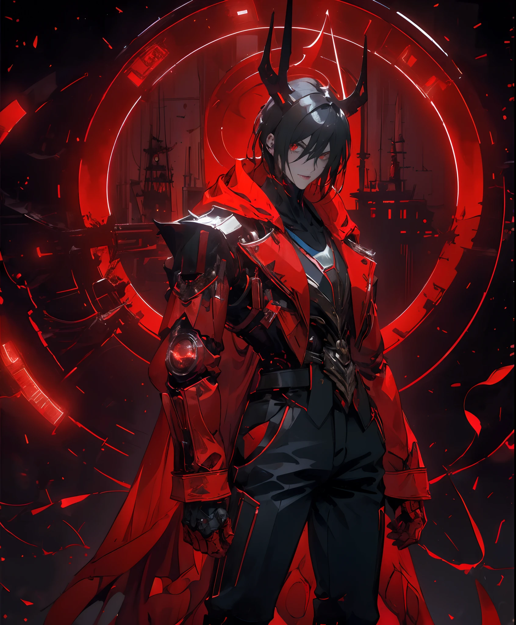 a man in a red jacket and black pants standing in a dark room, wearing cultist red robe, crimson attire, character from mortal kombat, as a character in tekken, fighting game character, cyberpunk assassin, red hooded mage, cyberpunk outfits, crimson clothes, the red ninja, wearing leather assassin armor, an edgy teen assassin, cool red jacket, cyberpunk street goon