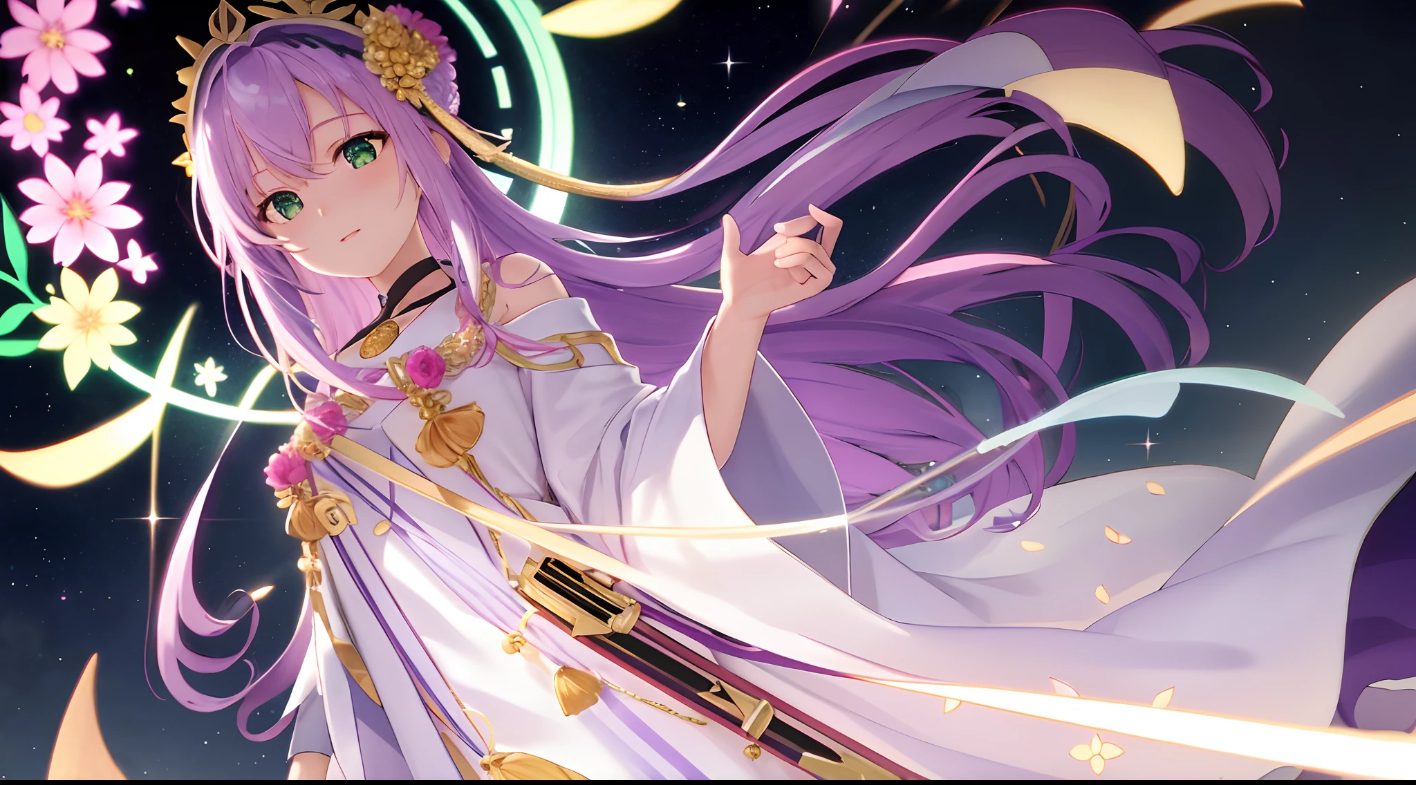Athena with plain long light purple hair,hair between eyes,green eyes,rosy cheeks,full lips,thin eyebrows,slender body,wearing saint full robe covering body and full long skirt,praying beads on neck,beads on neck,cute anime girl,full body,cosmic flowers in background,anime style,Lumen Reflections,Screen Space Reflections,Diffraction Grading,Chromatic Aberration,GB Displacement,Scan Lines,Ray Traced,Anti-Aliasing,FXAA,TXAA,RTX,SSAO,Shaders,OpenGL-Shaders, GLSL-Shaders,Post Processing,Post-Production,cell Shading,Tone Mapping,CGI,VFX,SFX,insanely detailed and intricate, 4K,standing, solo, masterpiece, best quality, detailed face, detailed eyes, highres, standing, solo,masterpiece, best quality
