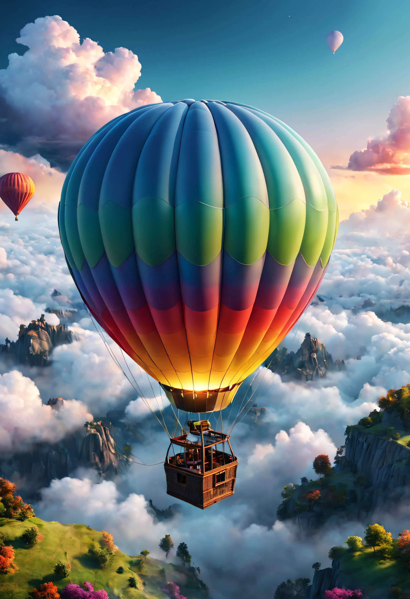 A strange hot air balloon,Colorful,In the clouds,beautiful sky,Surreal,Epic dreams,a fairy world,illustration,High quality,3D rendering of,Ultra-detailed,Photorealistic,Vibrant colors,Stunning lighting
