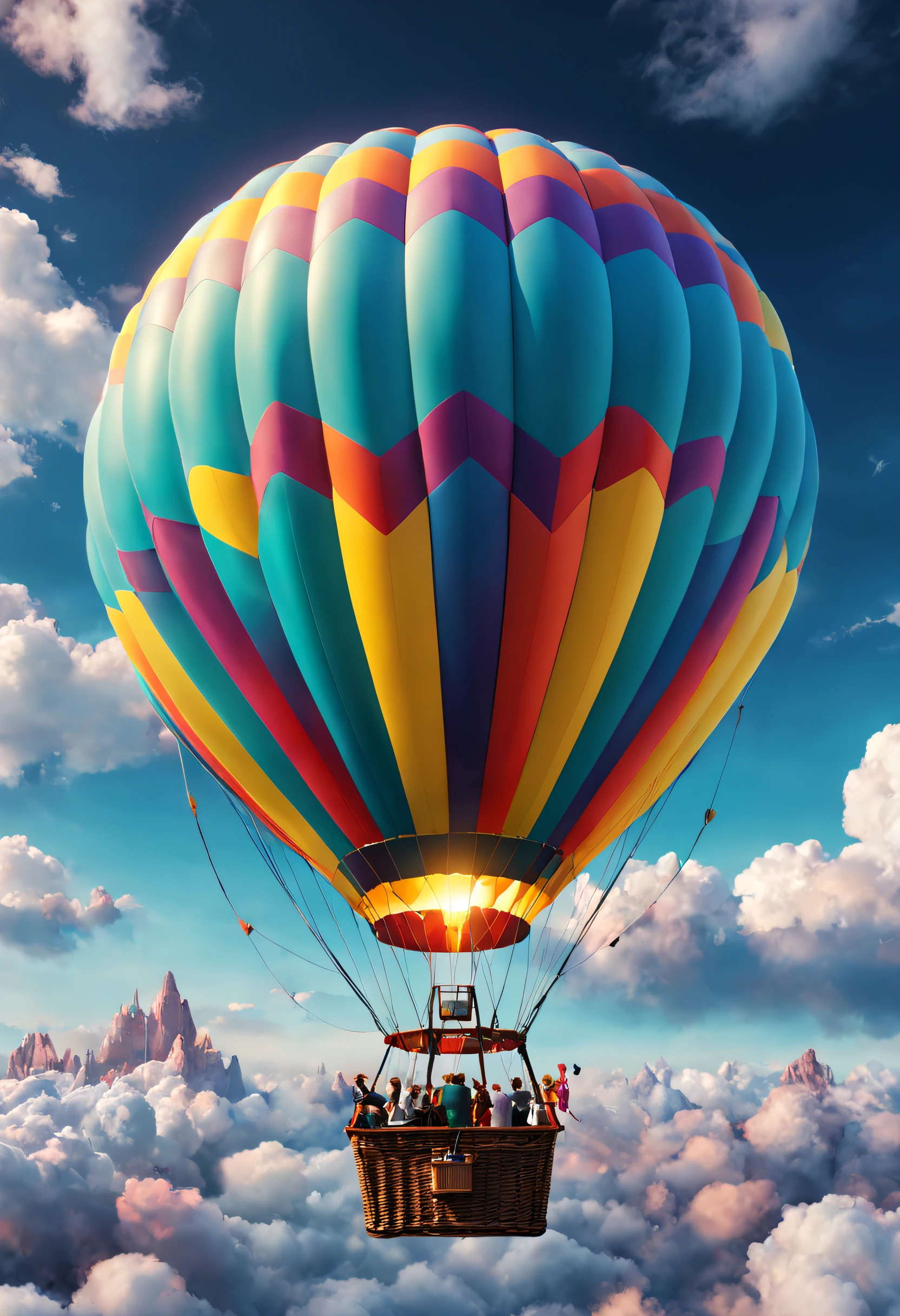 A strange hot air balloon,Colorful,In the clouds,beautiful sky,Surreal,Epic dreams,a fairy world,illustration,High quality,3D rendering of,Ultra-detailed,Photorealistic,Vibrant colors,Stunning lighting