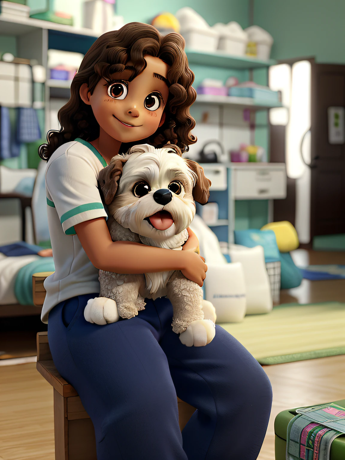 Brazilian girl, 7 , smiling, happy, curly brown hair, light brown eyes, sitting on the bed, wearing a white t-shirt, blue sweatpants, Shih-tzu dog on her legs, in the background of a girl's room