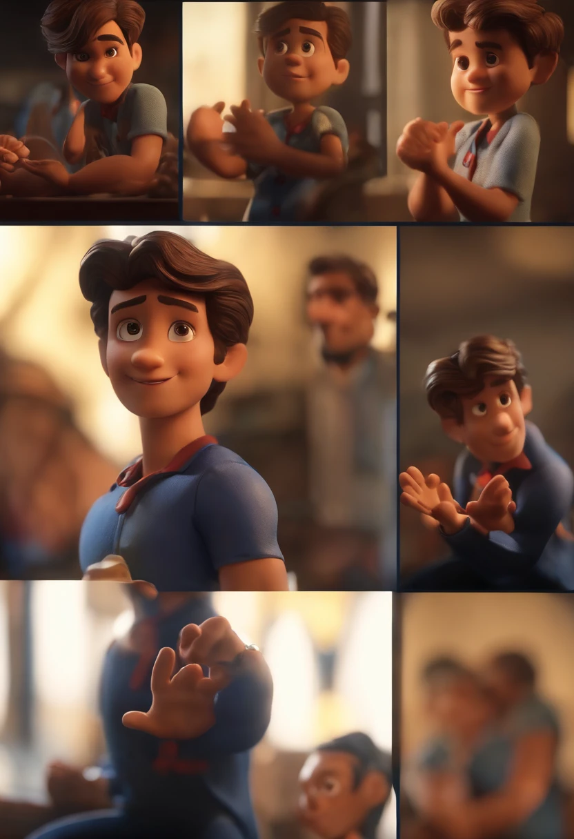 Garoto, estilo disney, tom de pele: escuro: Cabelo: preto, crespo, curto, Hairstyle back. camisa: social, Cor azul. Fundo: igreja, rezando, Hands raised, sorrindo, feliz, (estilo pixar) (obra-prima:1.2) (bokeh) (melhor qualidade) (pele detalhada) (textura detalhada) (8k) (claymation) (cinematic lighthing) (foco nítido