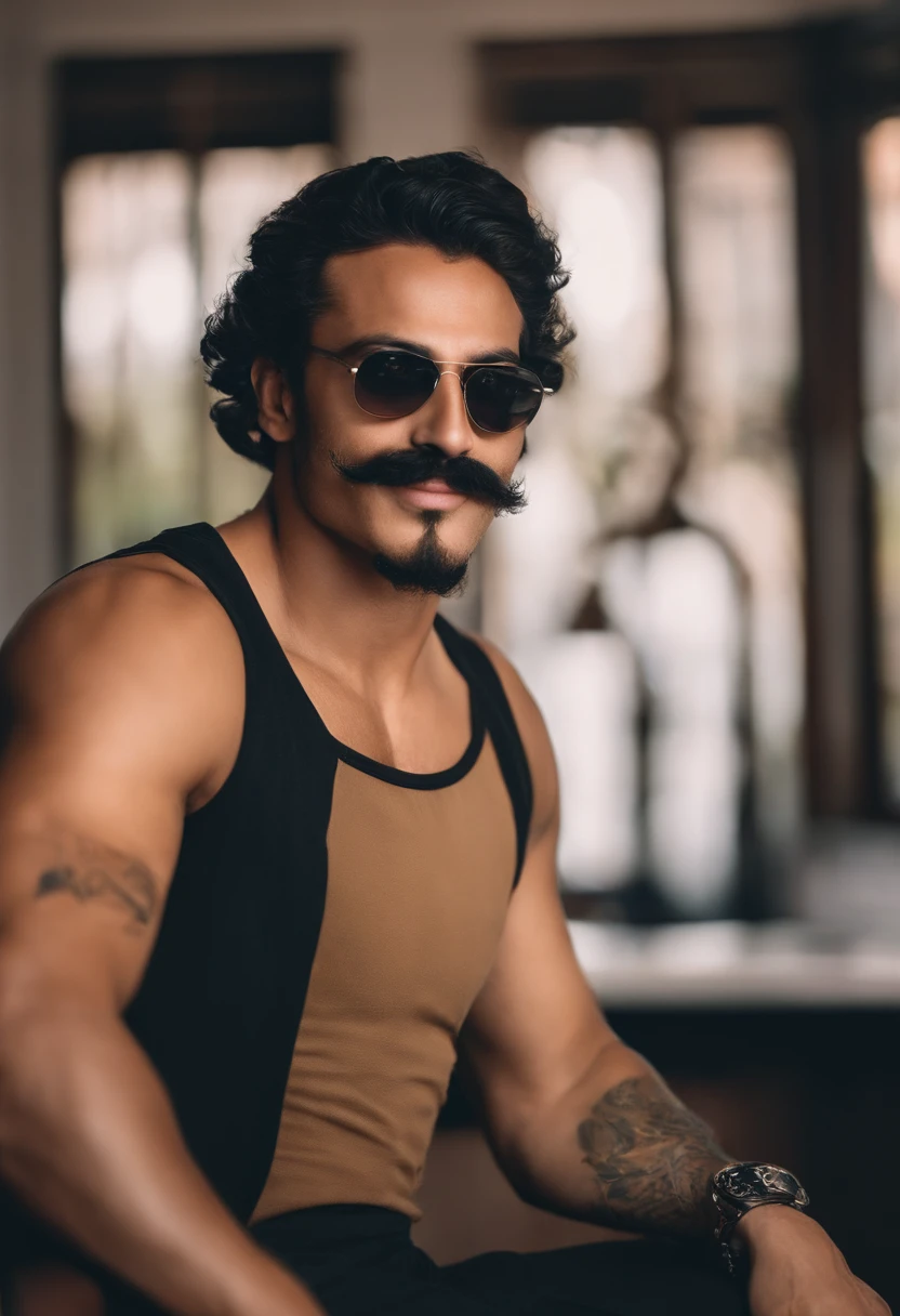Homem aproximadamente 27 anos de idade, pele branca, brasileiro, bigode mustache com bigode, cabelo curto estilo Disney, olhos castanhos e sorrisos, usando oculos redondo, tattoo on the arms, scenecy: You're in a digital marketing agency, Behind are several employees working happily.
