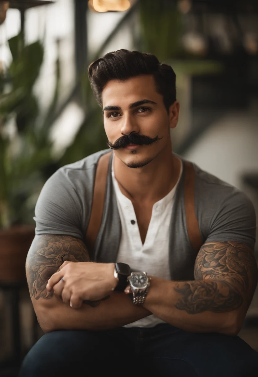 Homem aproximadamente 27 anos de idade, pele branca, brasileiro, bigode mustache com bigode, cabelo curto estilo Disney, olhos castanhos e sorrisos, usando oculos redondo, tattoo on the arms,  scenecy: You're in a digital marketing agency, Behind are several employees working happily.