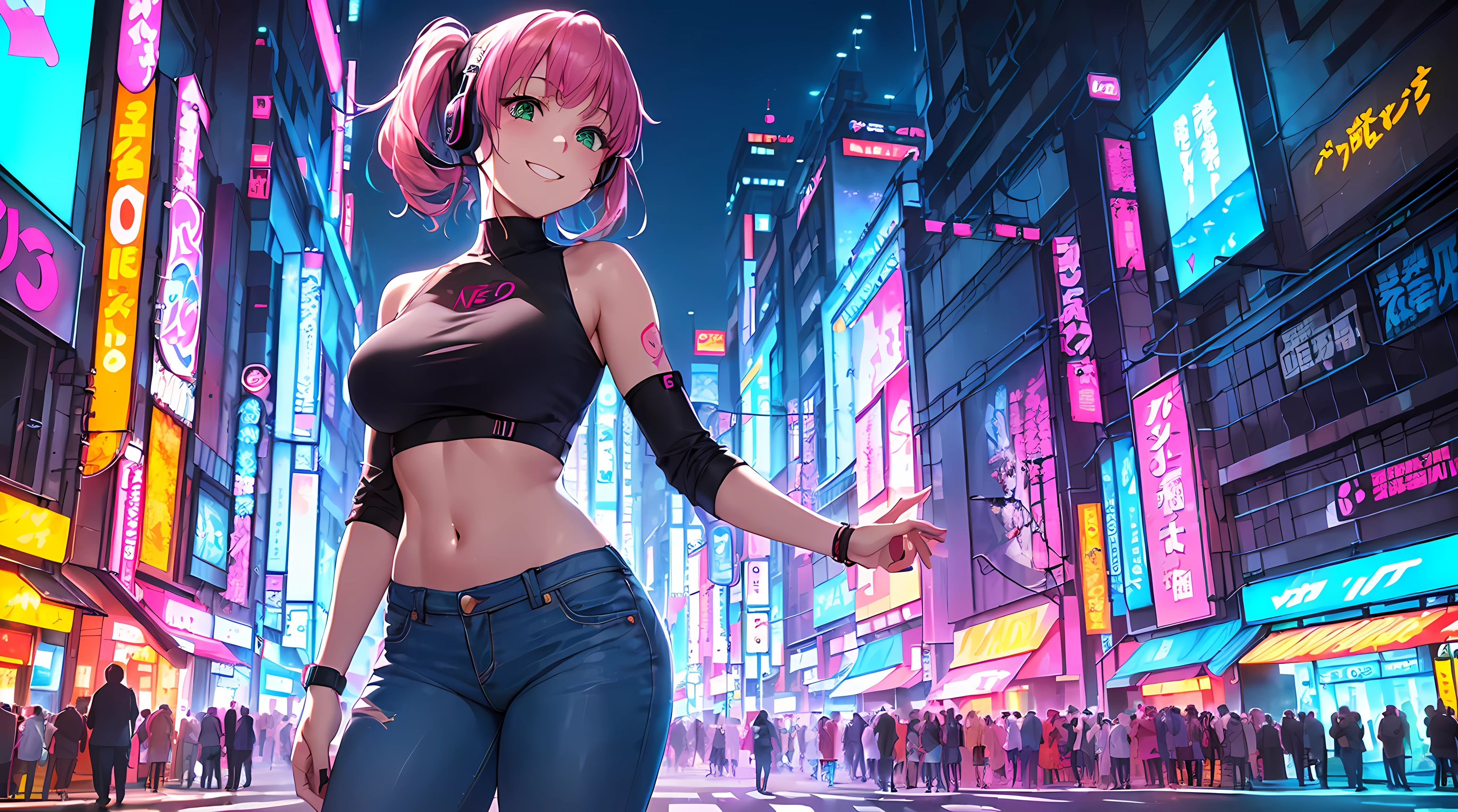 ​masterpiece, 1girl((20year old, Black short sleeve hoodie exposes navel, tight blue jeans, medium breasts, multicolor pink hair, twin ponytails, green eyes, flirting, headphones, standing in an urban street at night, neon lights and towering skyscrapers, futuristic and energetic atmosphere)）