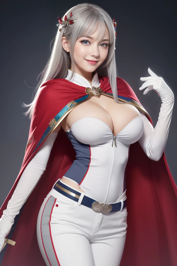 ,Colorful,(masutepiece:1,2), Best Quality, masutepiece, hight resolution, Original, highly detailed wallpaper, 1girl in ,Smile,Solo, Grey Hair, Blue eyes, Original_outfits,red cape,White pants, gloves, breasts, uniform, Large breasts