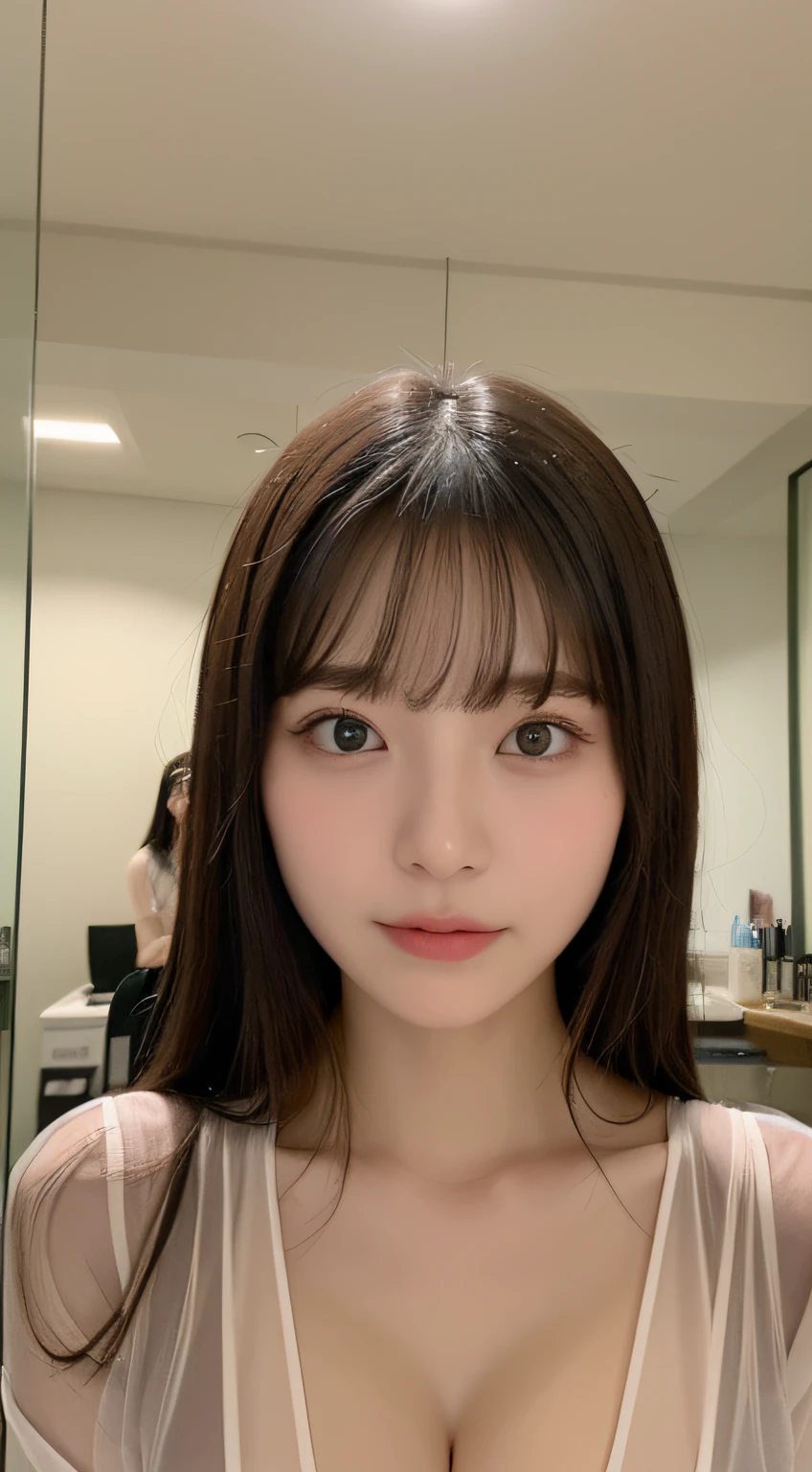 ((top-quality、8K、masterpiece:1.5))、One girl、(Unhealthy face)、(Letter to)、Blunt bangs、(Lots of bangs:1.3)、(full body Esbian:1.4)、(Symmetrical face)、hyperdetailed face、Ultra detailed mouth、A detailed eye、Detailed ears、Slim Faces、(selfee:1.3)、(off shoulders)、(Armpit)、(Looking Up)、(From above)、(Straight long hair、Ahoge:1.3)、(Upper Eyes)、the background is blurred、(Sheer shirt:1.3)、(I can see the cleavage:1.1)、lipgloss、(Beauty Salon)、(turning off lights)、