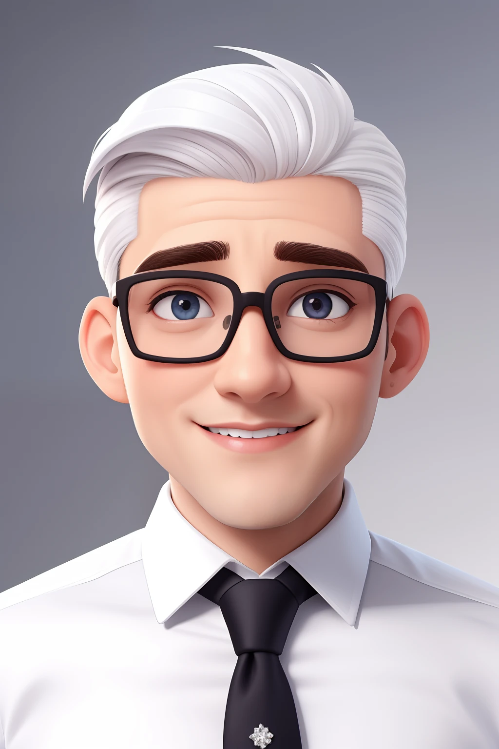 Um homem de 30 anos, com cabelos castanhos curtos,face de diamante, olhar rigoroso, e olhos castanhos, Wearing white white shirt with tie and glasses.