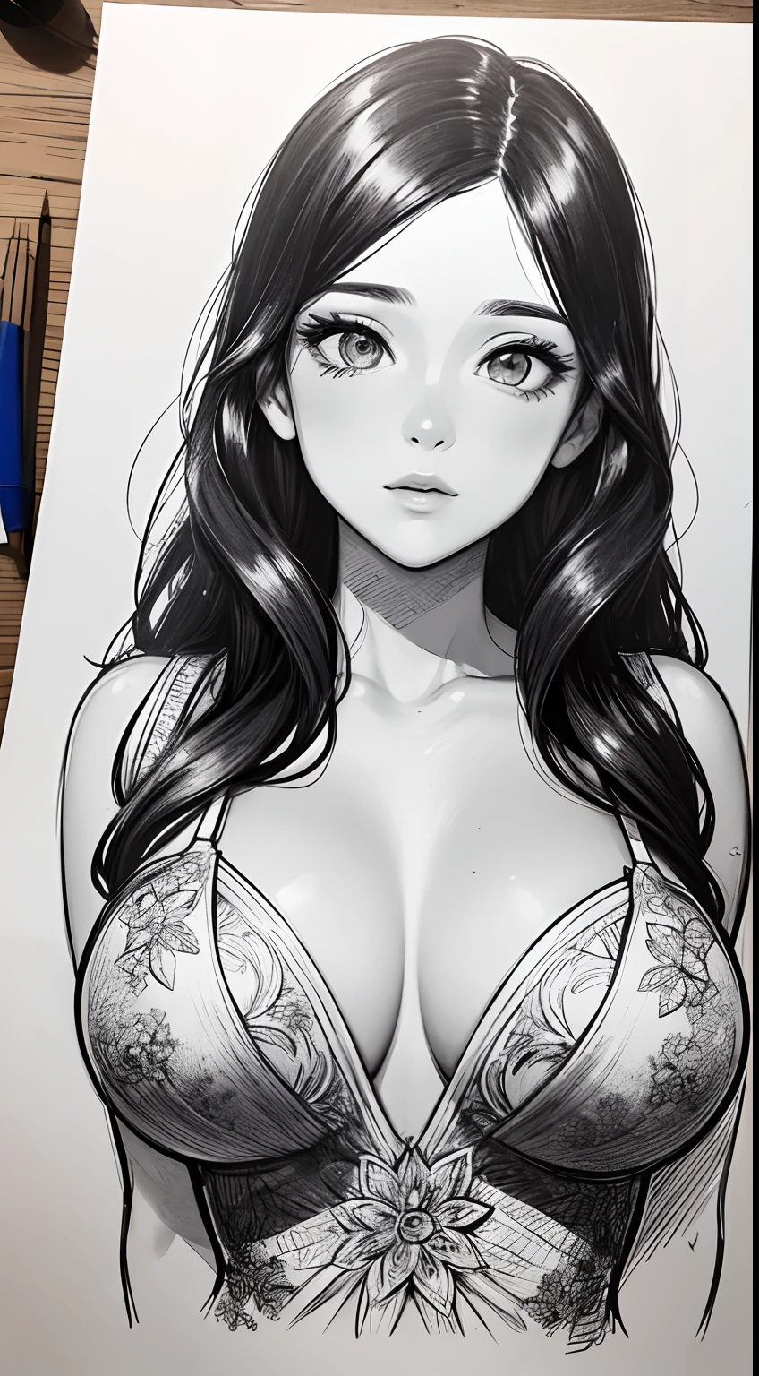obra prima, superlativo, uma joven de 18 ajos olhar atraente ,feminina , somente, Close-up do busto, fundo do desenho da linha da flor, fundo branco, monocromatic, desenho de linha, ((esquete))