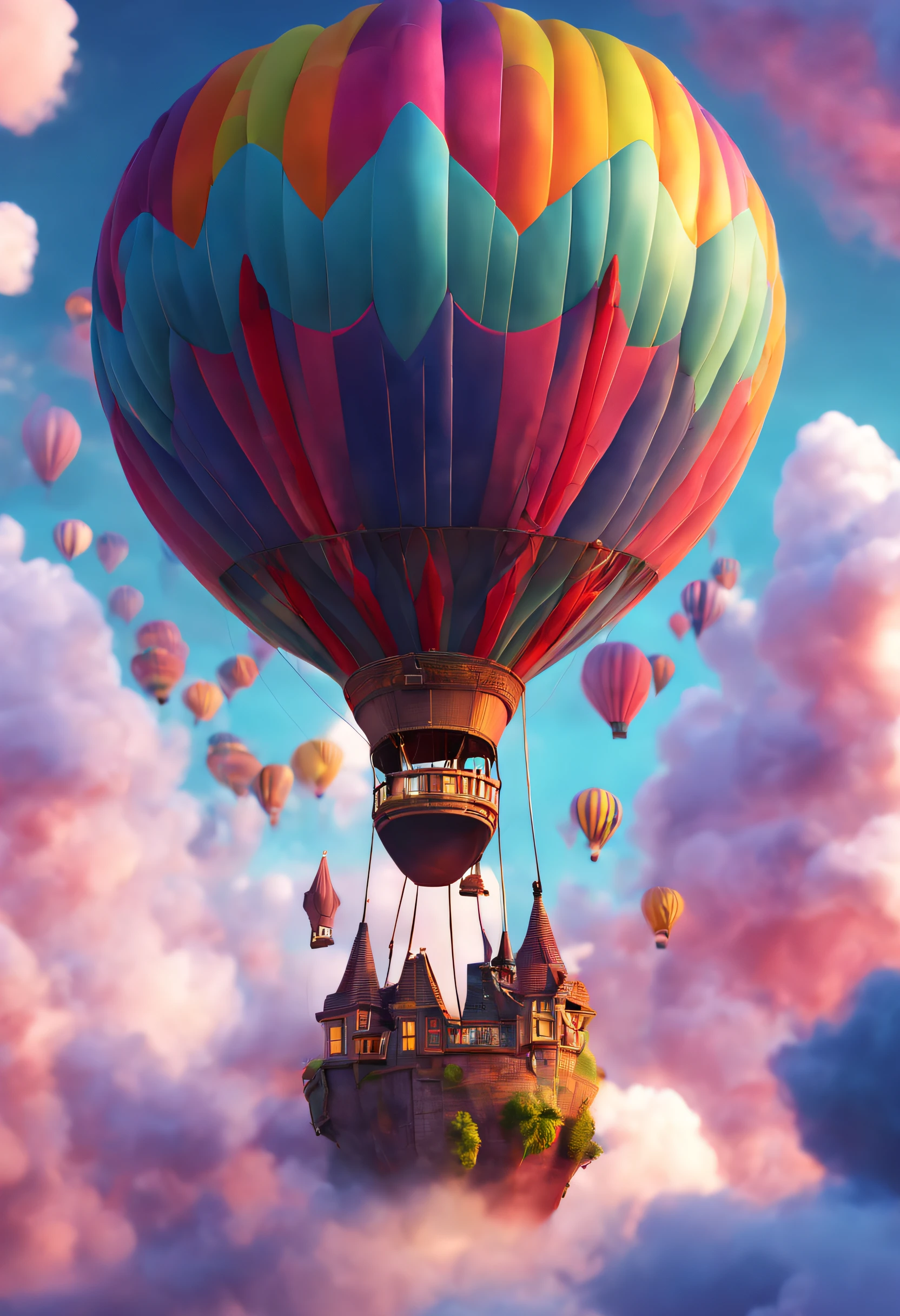 A strange hot air balloon,Colorful,In the clouds,beautiful sky,Surreal,Epic dreams,a fairy world,illustration,High quality,3D rendering of,Ultra-detailed,Photorealistic,Vibrant colors,Stunning lighting
