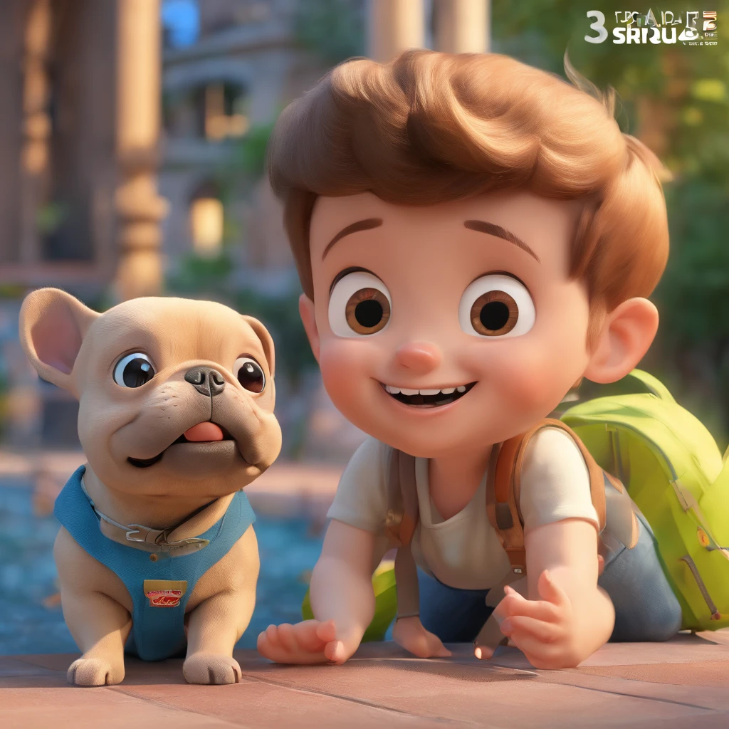 Lucas is a smiling 3-year-old human boy, com seu fiel amigo, parafuso, The French Bulldog Dog, deitados no jardim