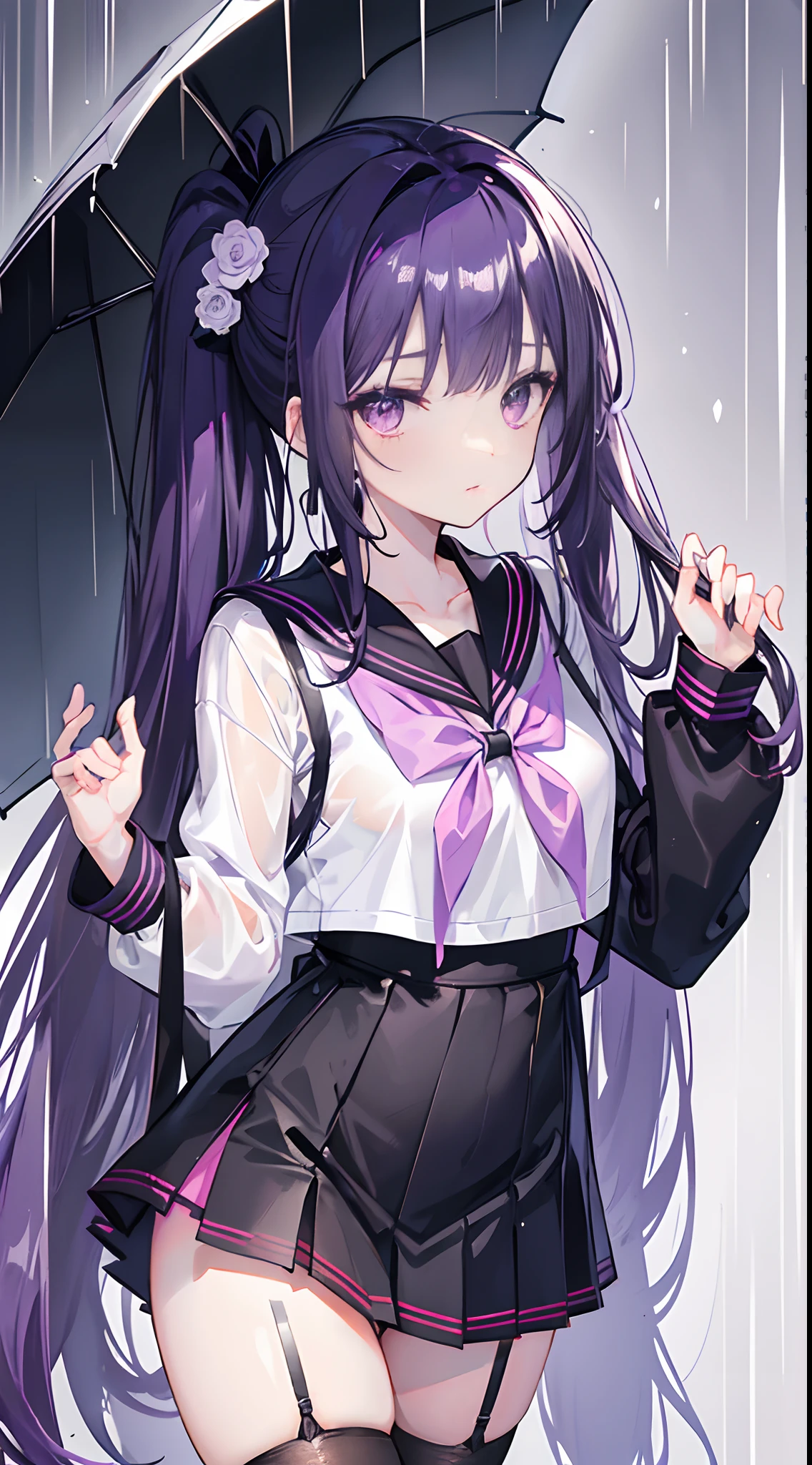 Long black gradient purple hair，Black sailor uniform，Bow knot，Pale pink eyes，，Flower hair ornaments on the other side，Tied in a side ponytail，Flowers bloom all around，Slightly rainy，Rain gets wet，black lence stockings，Medium build，chiquita