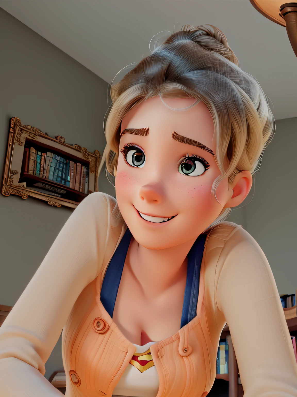 poster inspired by the Disney Pixar film, a 25-year-old young woman with white skin, light hair and brown eyes, happy in a library