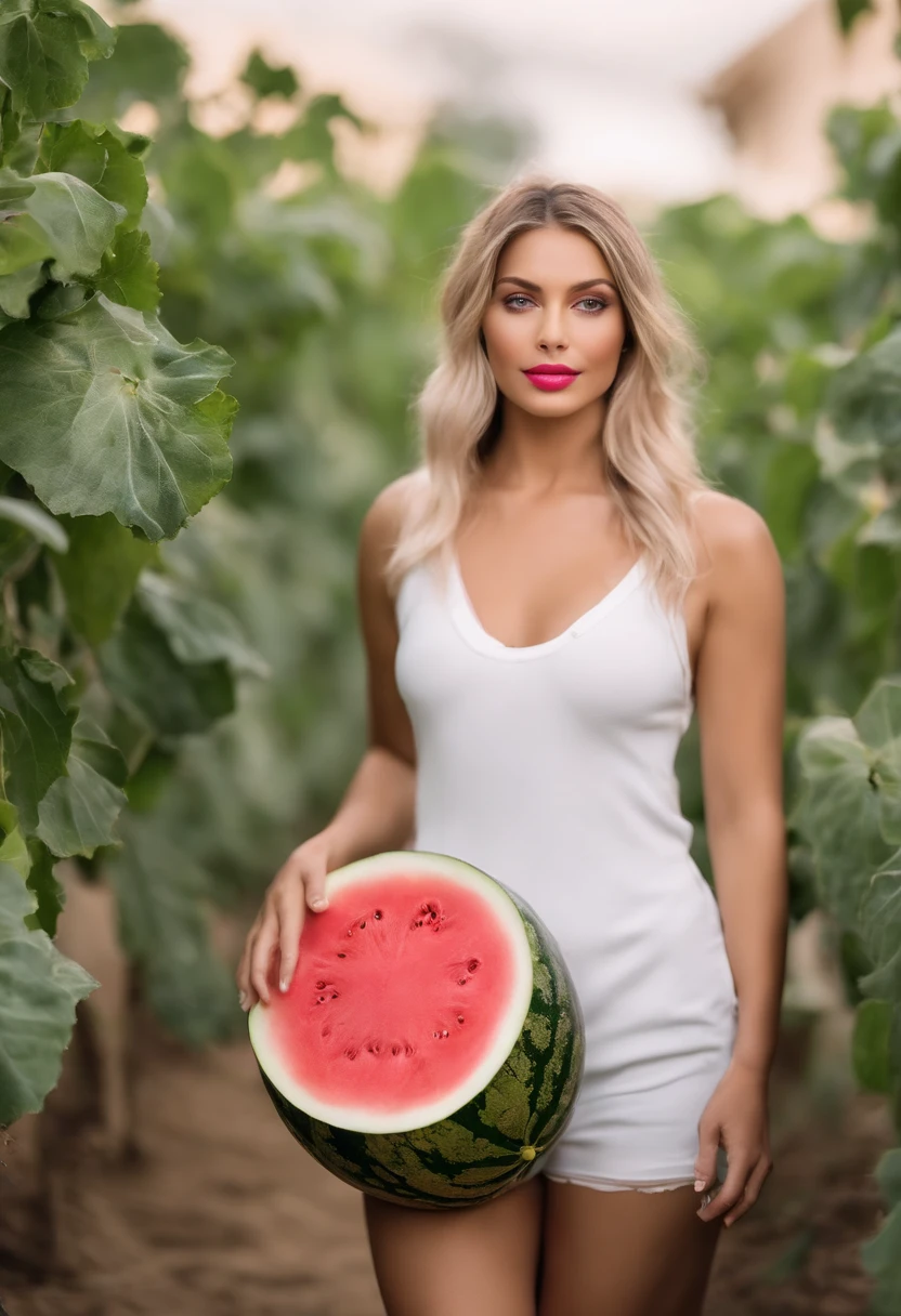 imagem realista, qualidade 8k, jovem, uns 25 anos, corpo exuberante, seios grandes e lindos, cintura fina proporcional ao corpo, coxas grandes e macias, She has medium nails painted pink, Her hair is white with hot pink tips, ela tem olhos verdes e brilhosos, And he's wearing green pantyhose, She's picking watermelons