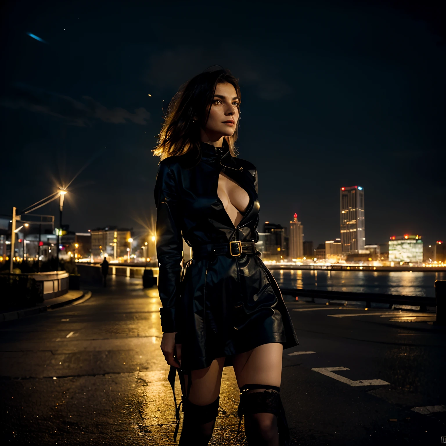 Dieses Bild zeigt eine Engelsfrau, that hovers over a city at night. The lights of the city create a golden and dramatic atmosphere, while its delicate presence and dark wings contrast with the urban environment. Die Frau scheint nackt und wachsam zu sein.