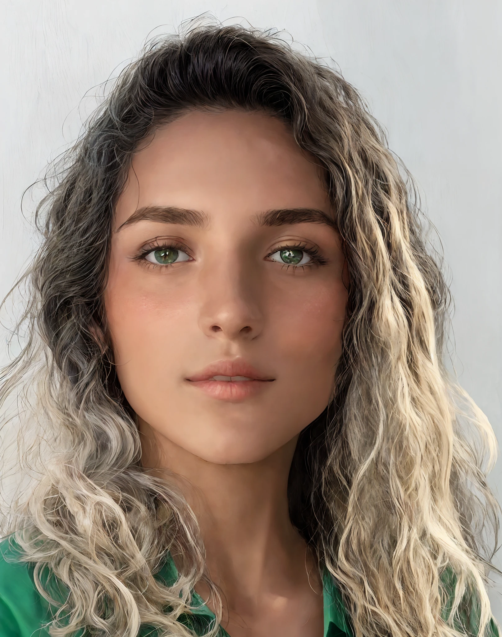 a close up of a woman with long hair and a green shirt, malika favre, caroline gariba, by Nándor Katona, andrea rocha, fernanda suarez, icaro carvalho, profile image, marischa becker, valentina remenar, taken in the early 2020s, photo of a woman
