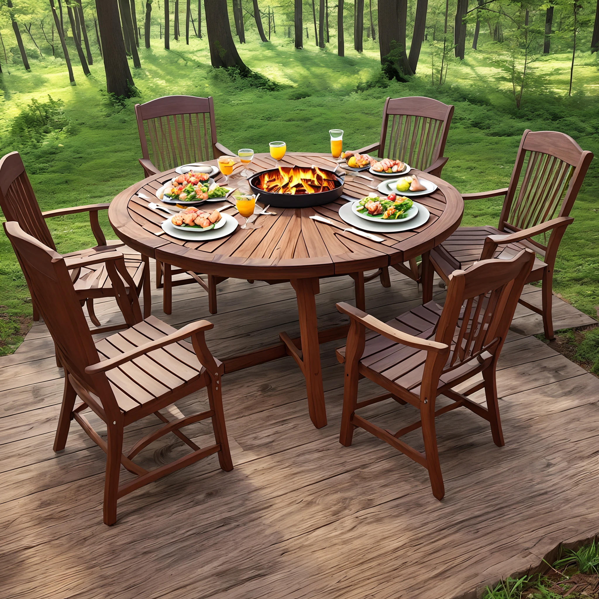 Make me a wooden table with nature and forest decor. the table is quite large and a barbecue is integrated into the center of the table. ingenious, family. realistic detail, nikon effect, 4k --auto --s2