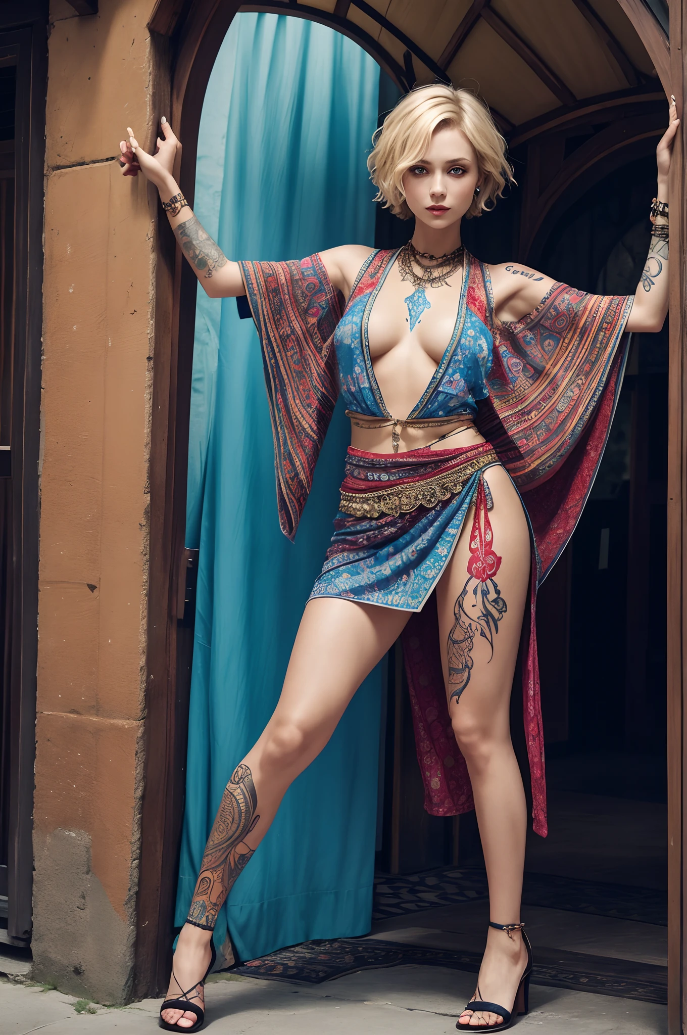 full-body woman with a rude appearance, short mesy blond hair, in bohemian style clothing, eyes blue, tattoos in arms,