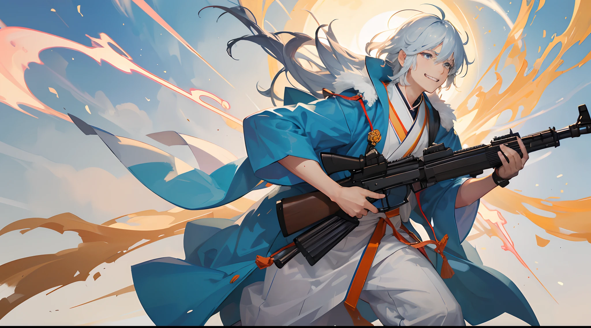 Create an illustration of a Japanese manga-style boy holding an AKM rifle, dressed in Indian attire, but with a focus on his excitement and anticipation rather than active combat. This scene should capture the boy's enthusiasm and readiness, perhaps with a grin on his face and a lively posture. The AKM should be prominently featured, and the fusion of Japanese manga and Indian clothing should be a central theme. The setting can convey a sense of expectation and energy, as if he's preparing for an upcoming battle or adventure without being actively engaged in combat.