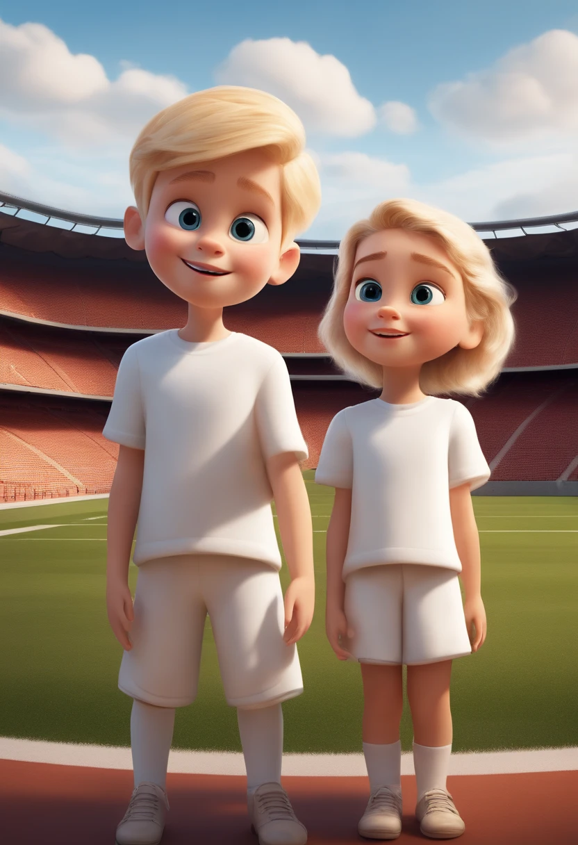 A blond child boy and a blonde child girl with white clothes in a football stadium in Pixar style in high quality, melhor qualidade