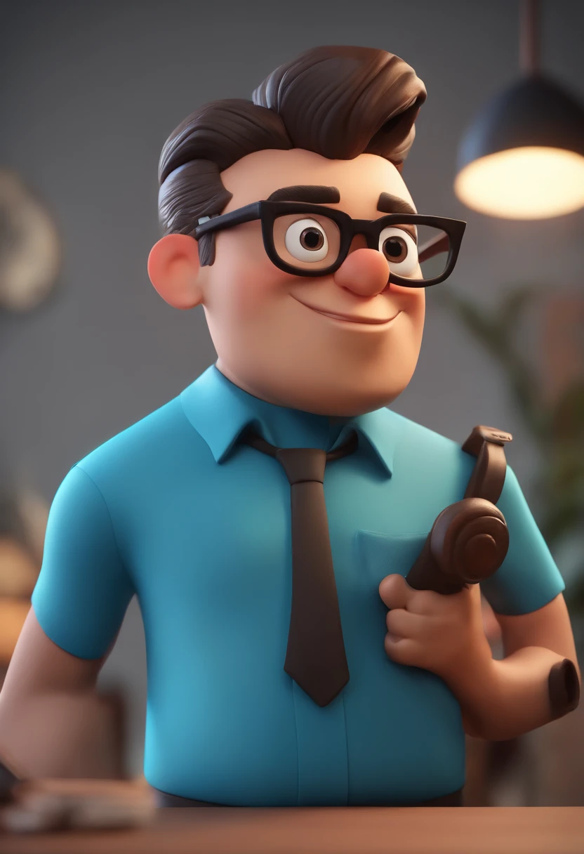 Cartoon character of a man wearing black glasses and a blue shirt, um personagem animado, Caractere estilizado, animation style rendering, 3D estilizado, Arnold Maya render, 3 d render stylized, toon render keyshot, Personagem 3D, Personagem 3D, 3d rendering stylized, 3 d character render, personagem de desenho animado, Personagem de close up, Pose de personagem, (Estilo Pixar) (master part:1.2) (Bokeh) (best quality) (pele detalhada) (textura detalhada) (8k) (argila) (Cinematic lighting) (foco nítido,Senta e vaza a parte superior do corpo